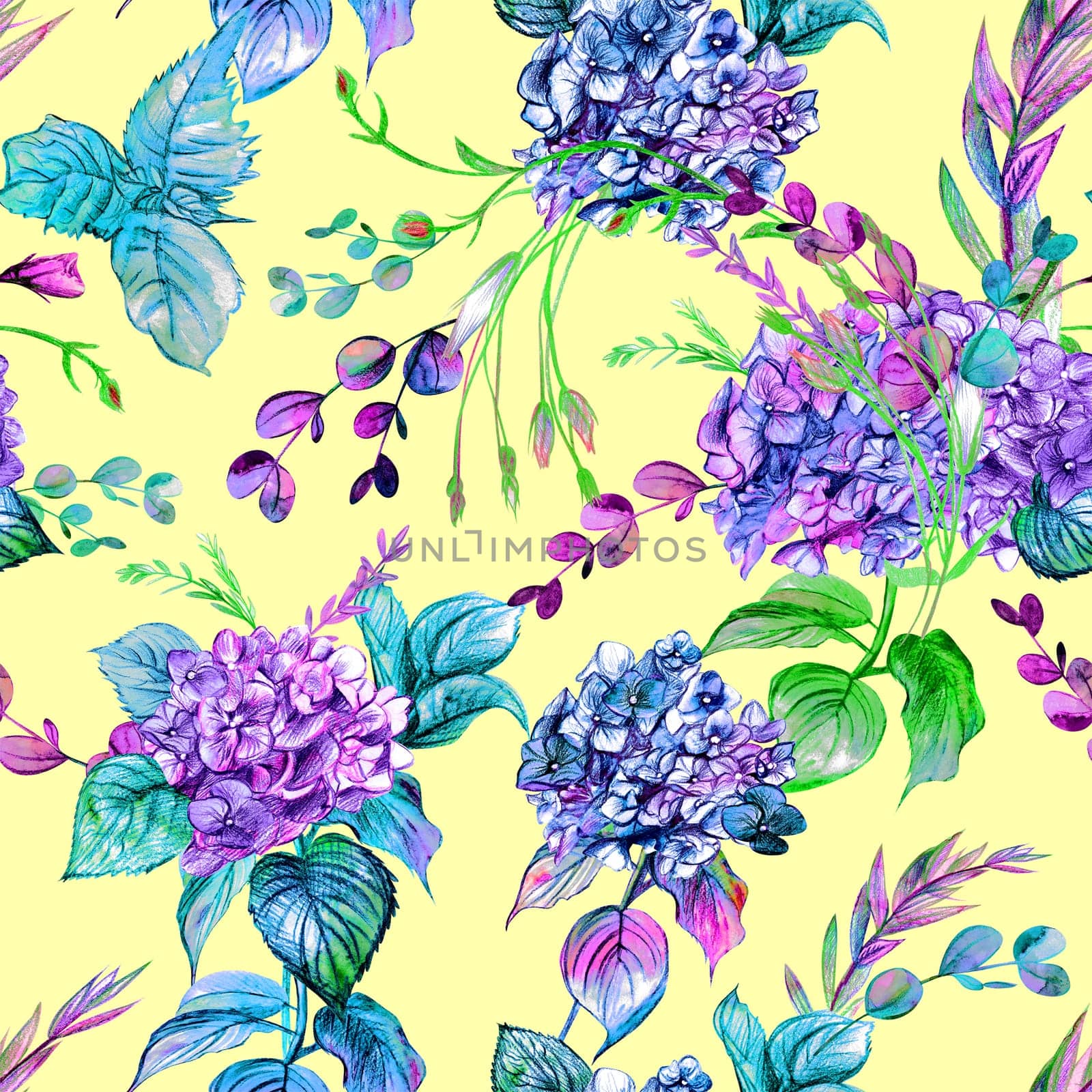 Summer watercolor seamless pattern with bright hydrangeas on a yellow background. Botanical motif for textile and surface design