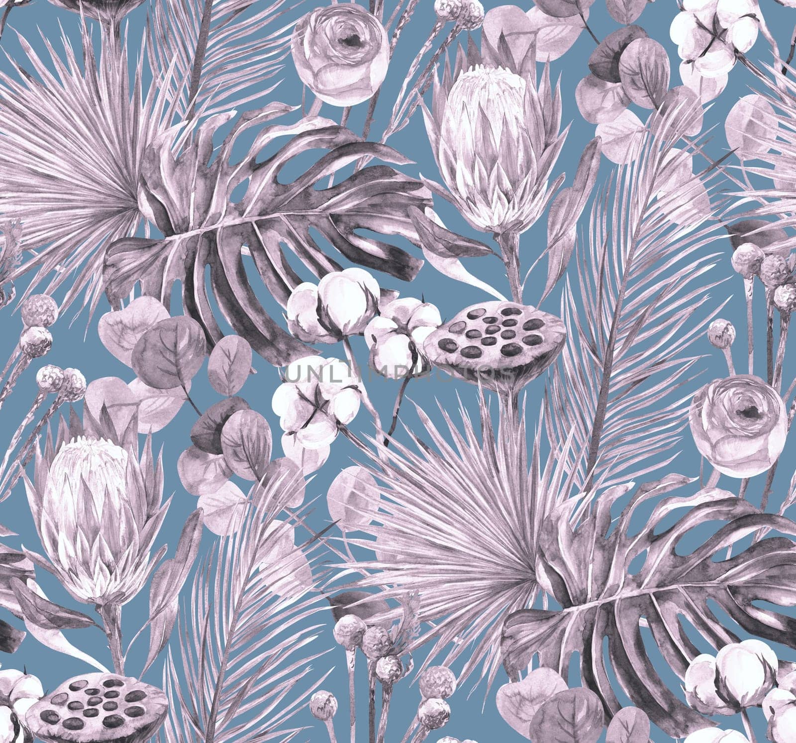 pattern with dry palm branches with protea and monstera flower and cotton sprigs by MarinaVoyush