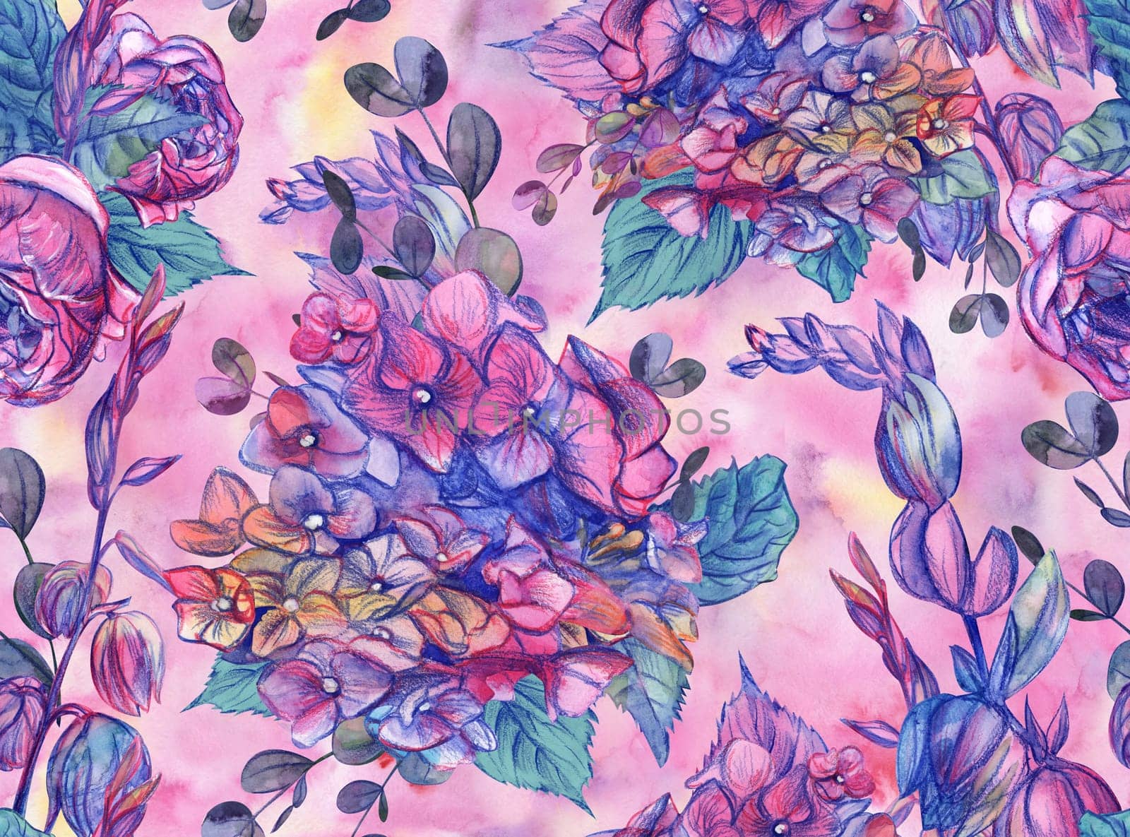 Seamless floral watercolor pattern with large pink hydrangea and rose flowers drawn by MarinaVoyush