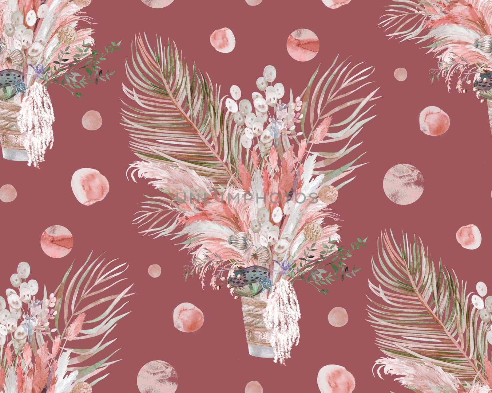 Seamless watercolor botanical pattern with tropical bouquet and palm leaves for textile