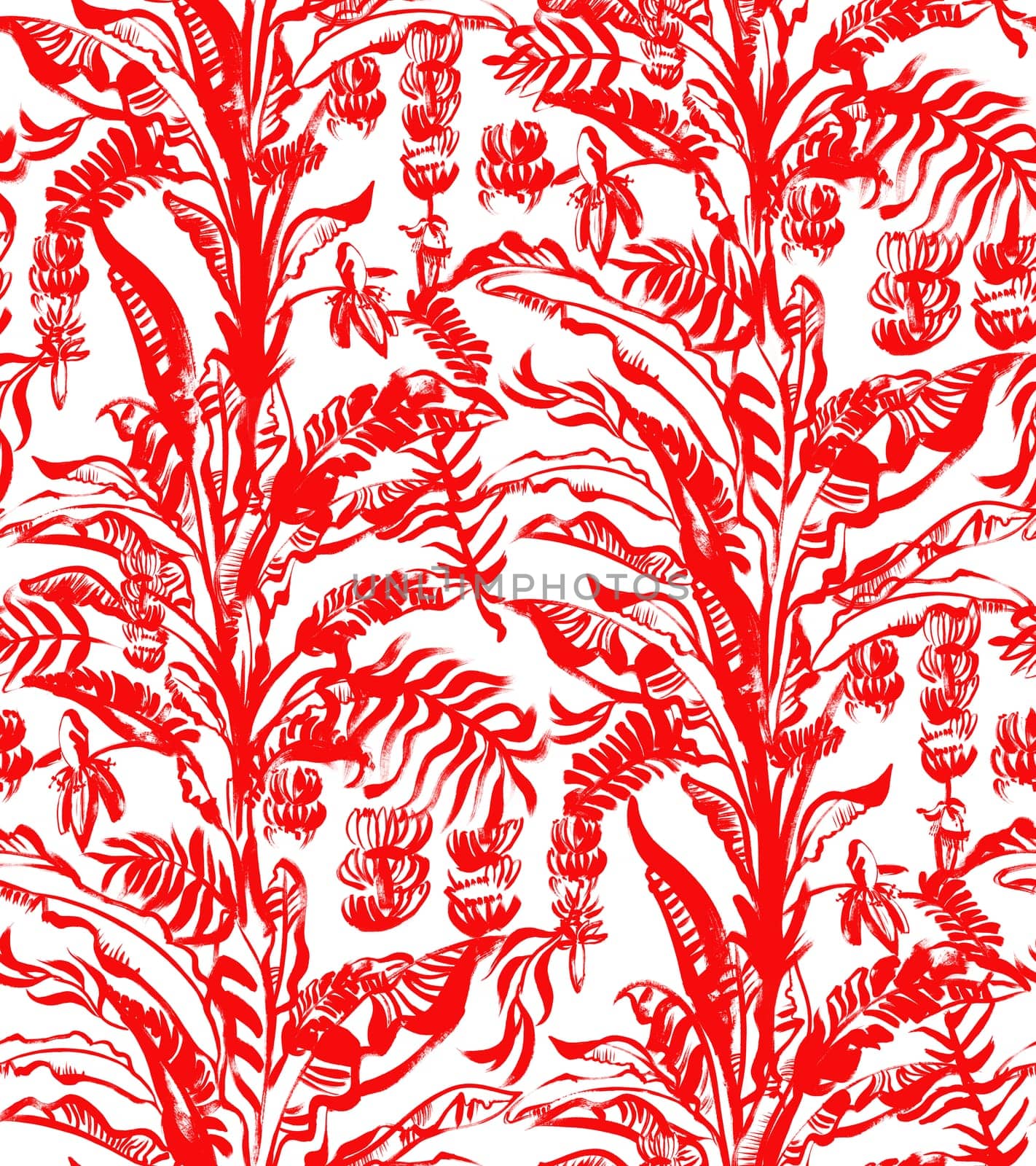 red and white pattern with a tropical banana palm painted with a dry brush in gouache for textile