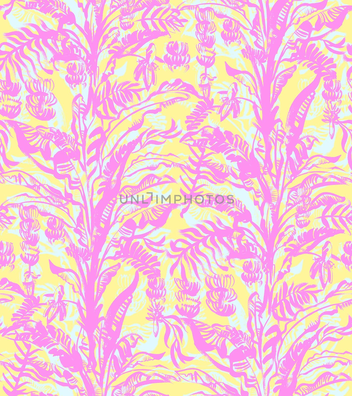 seamless summer pattern with a tropical banana palm in pink and yellow colors