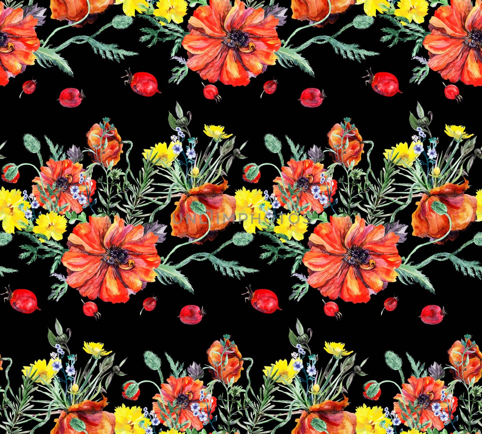 Horizontal pattern with graceful red poppies in wildflowers and scattered hawthorn on a black background painted in watercolor for textiles and home retro decor