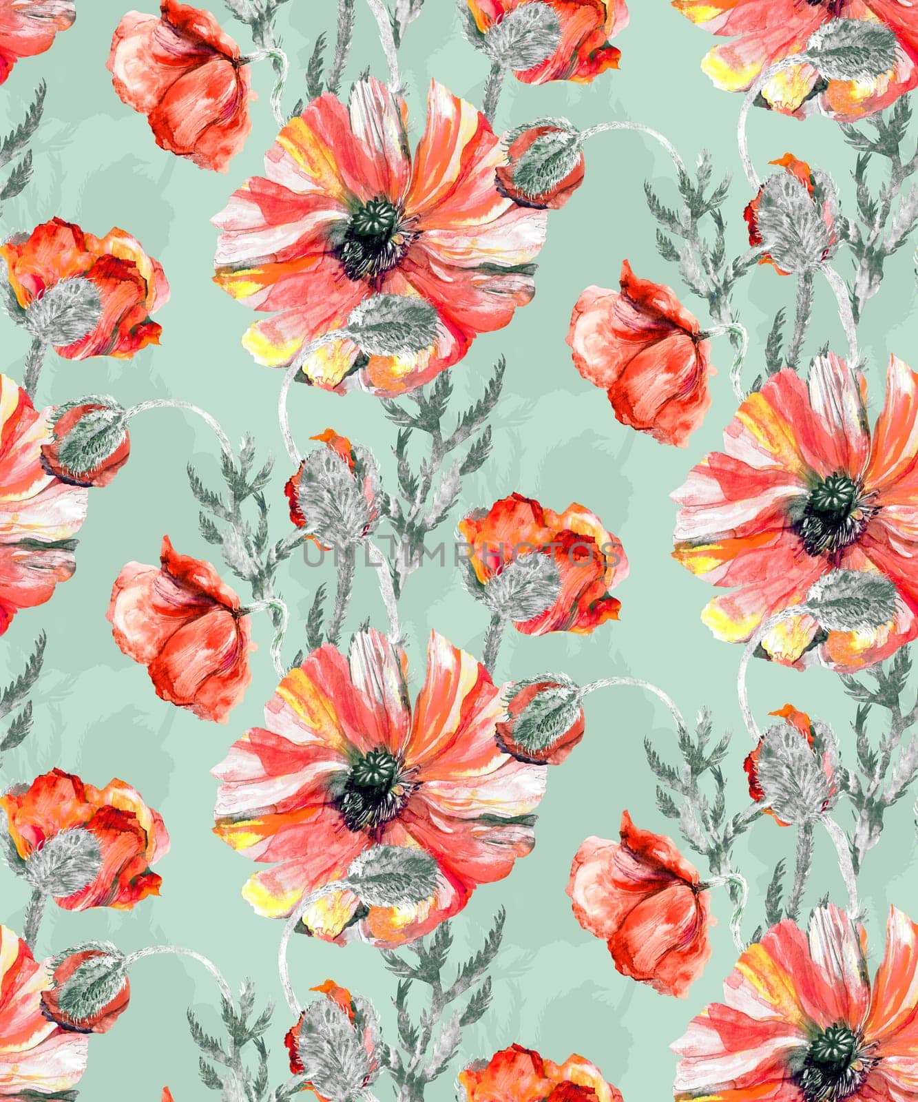 Seamless floral watercolor pattern with large realistic red poppies on a green background by MarinaVoyush