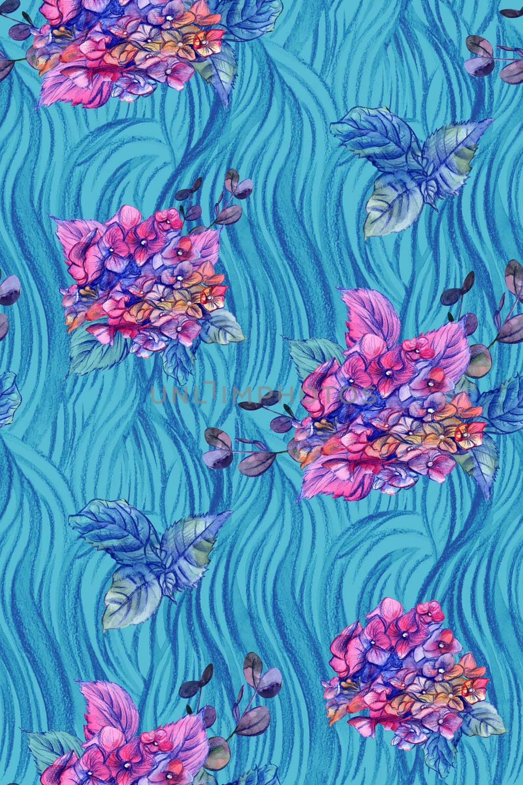 Turquoise seamless floral watercolor pattern with pink hydrangeas drawn in pencil with vertical wavy texture for textile and surface design