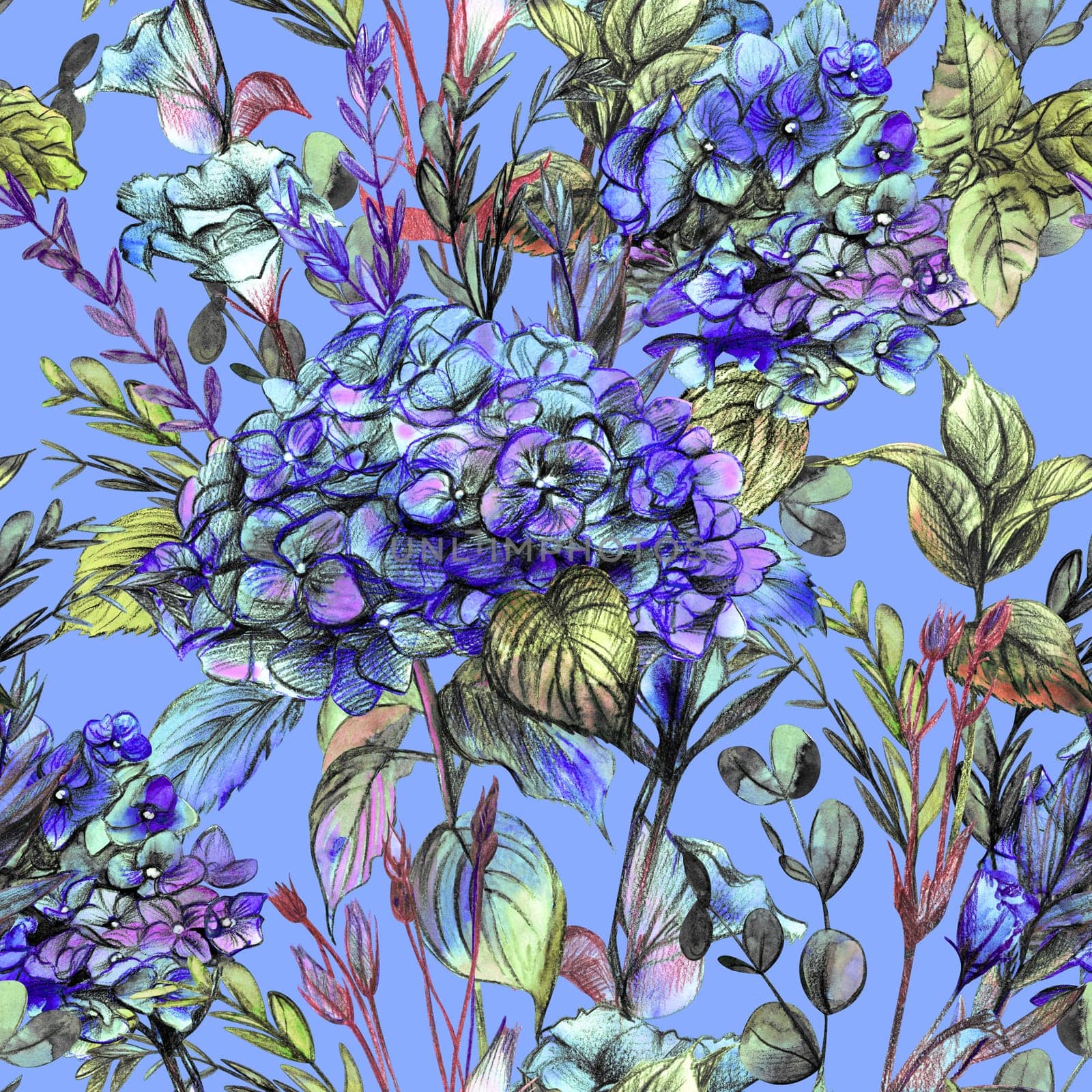 Botanical summer pattern in blue shades with realistic hydrangea flowers painted with watercolor and pencil. Trendy retro designs for summer testing and surface designs. Seamless print of realistic silhouettes of flowers
