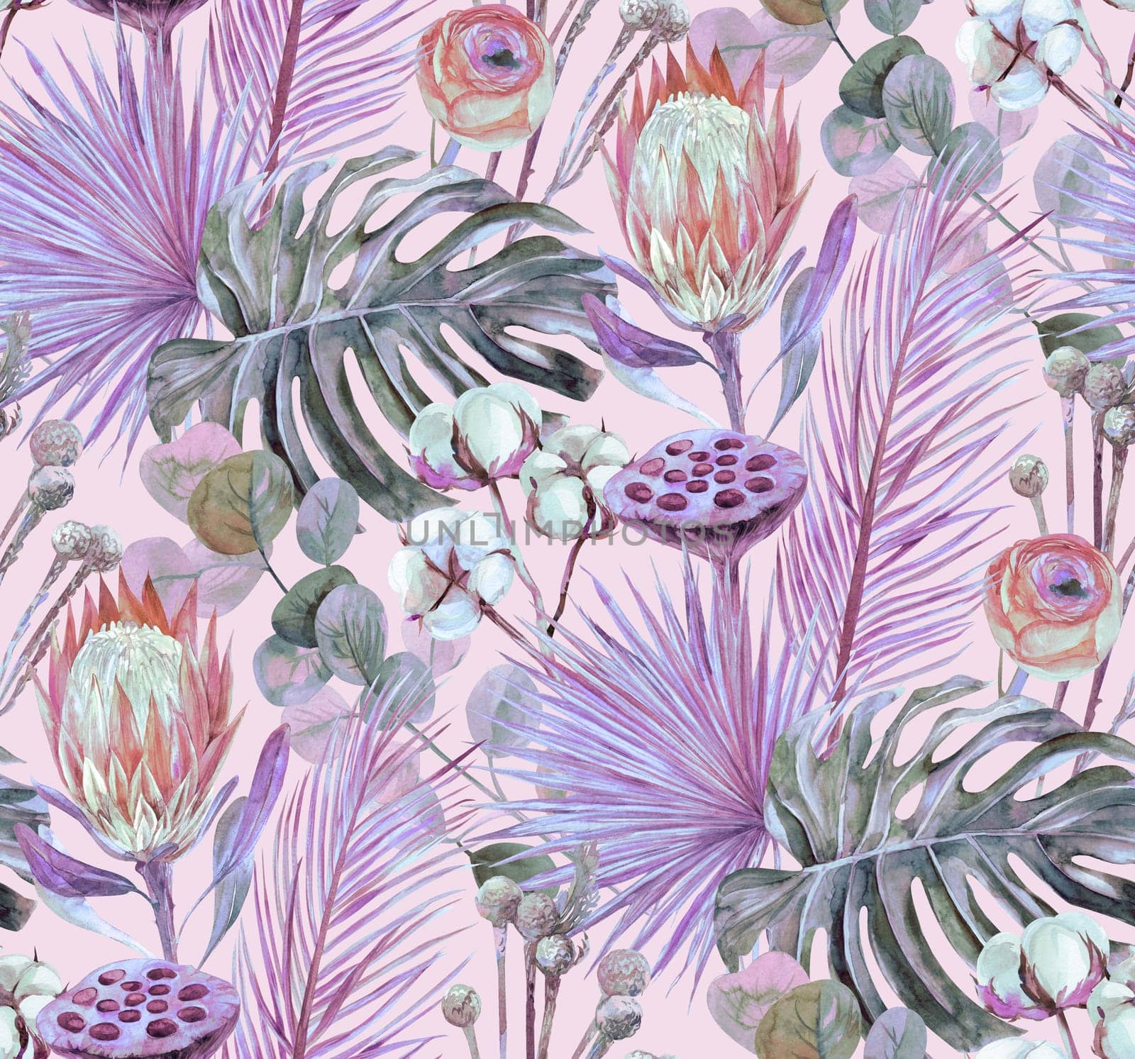 watercolor fashion floral pattern with tropical dried flowers for textile and surface design with shades of purple. With protea flowers and monstera leaves