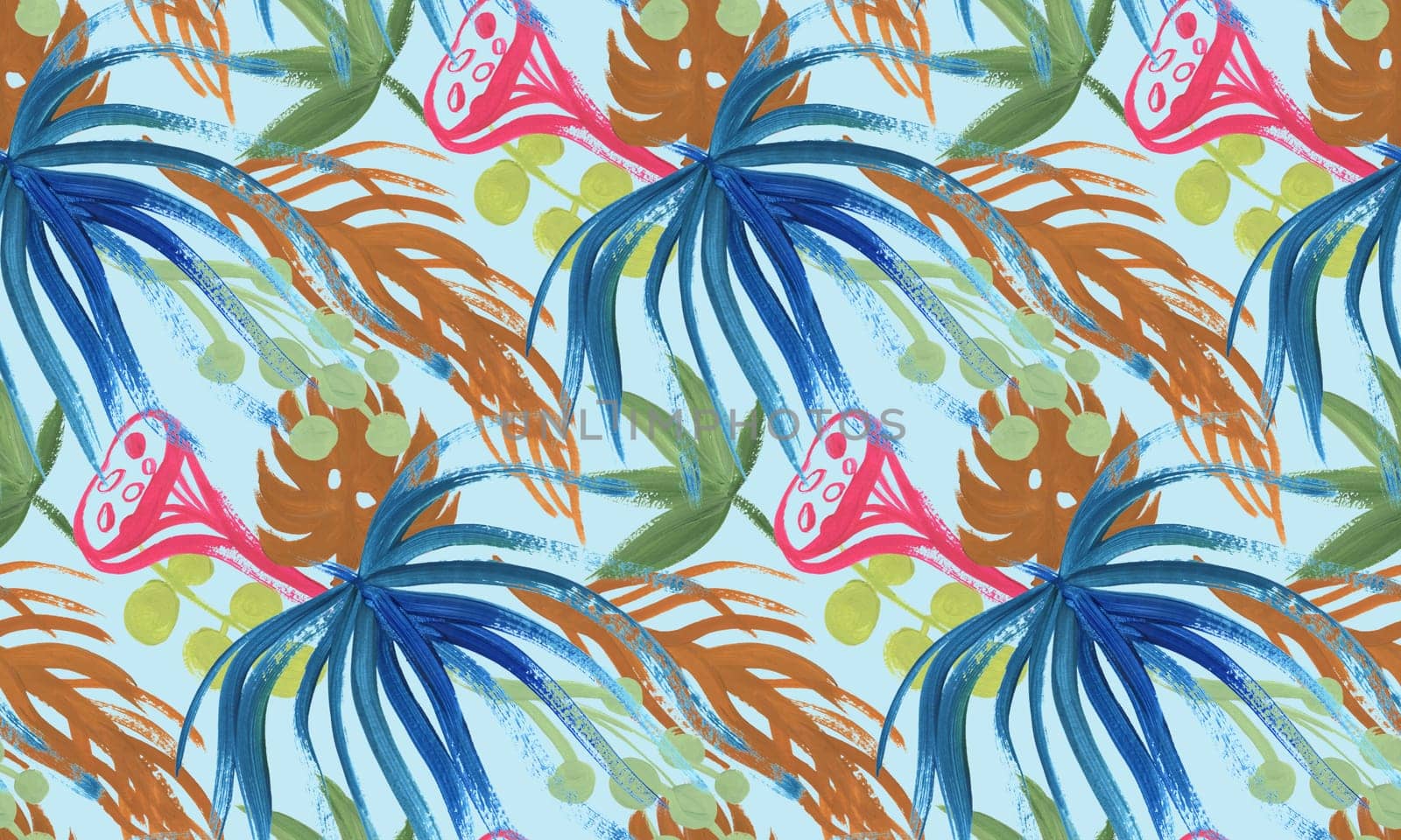 floral tropical pattern painted in gouache with dry palm leaves on a light blue background for textiles and surface design