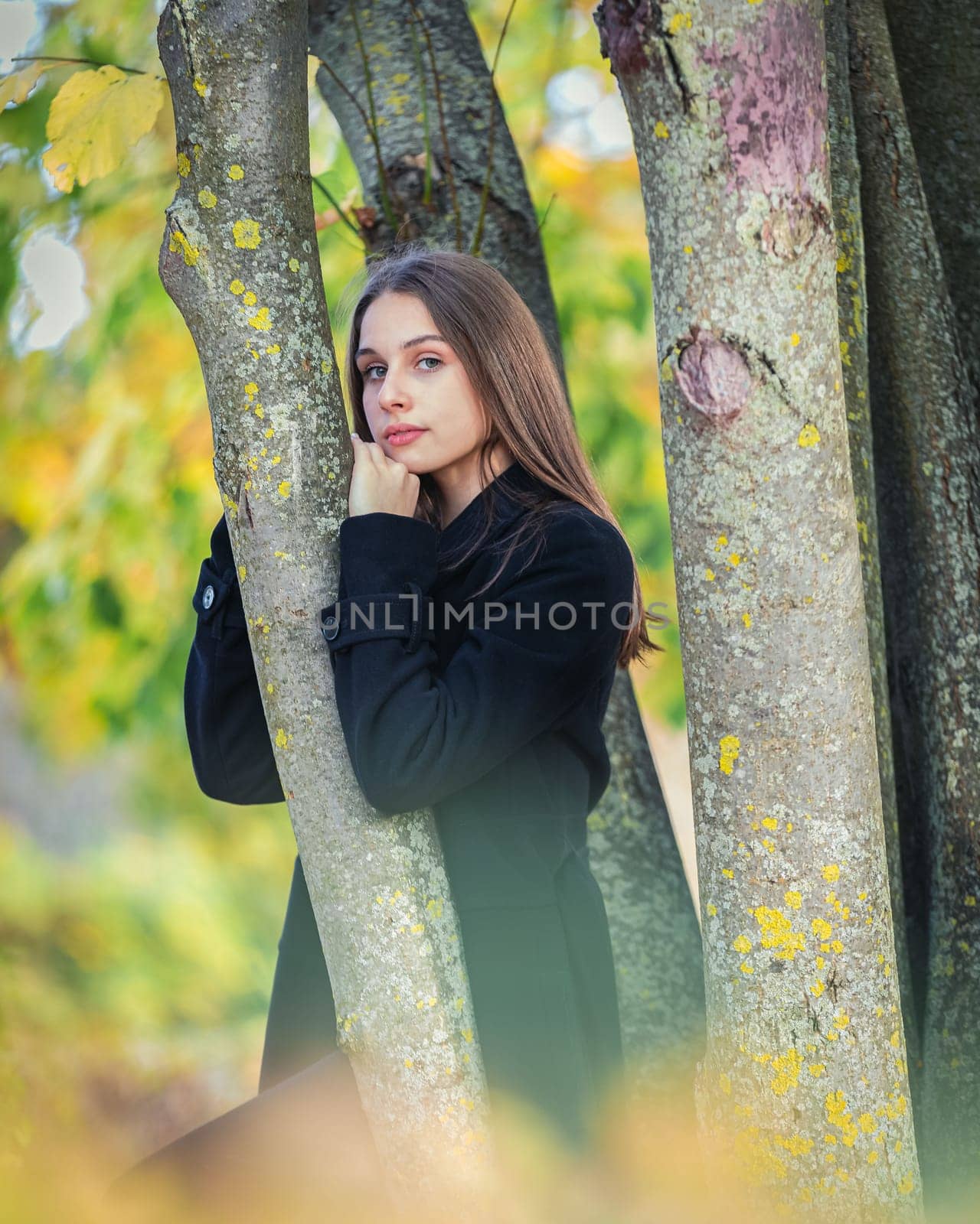 A beautiful girl stands by a tree in an autumn park. by Yurich32