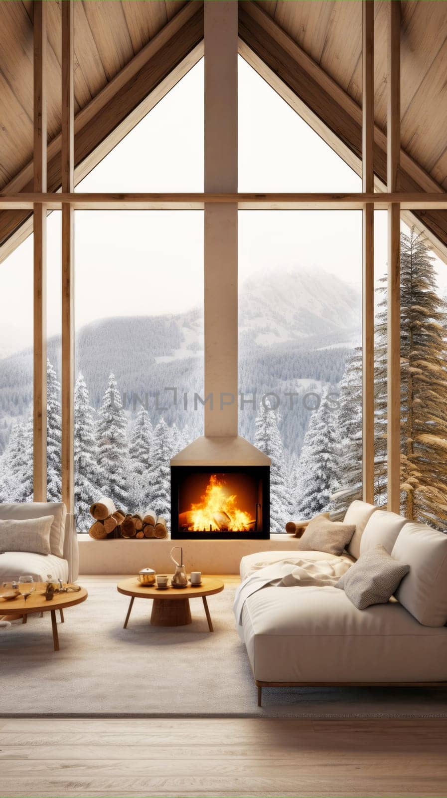 Cozy modern winter living room interior. Cozy house in the mountains.