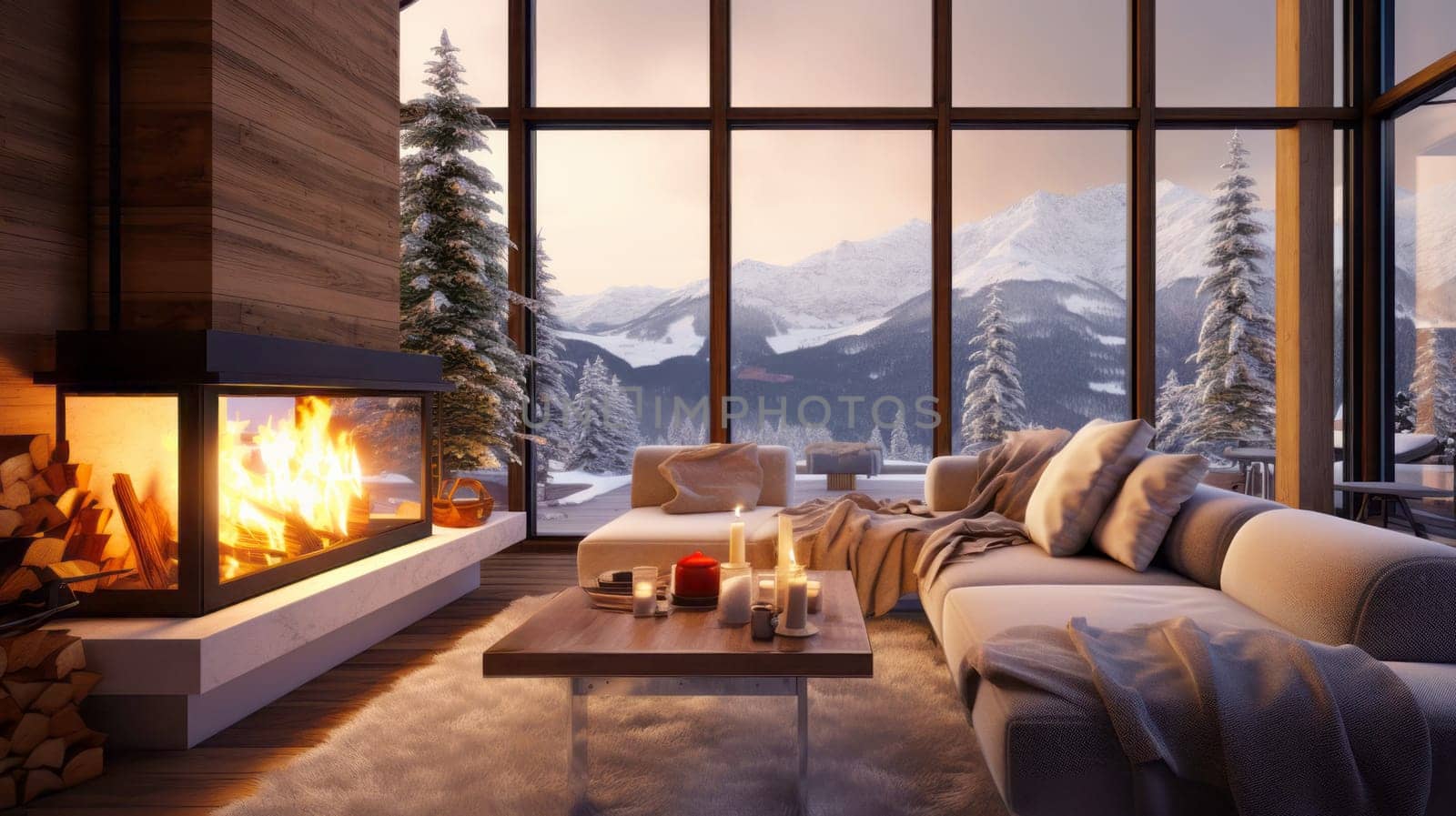Cozy modern interior of a winter living room at a ski resort at sunset.