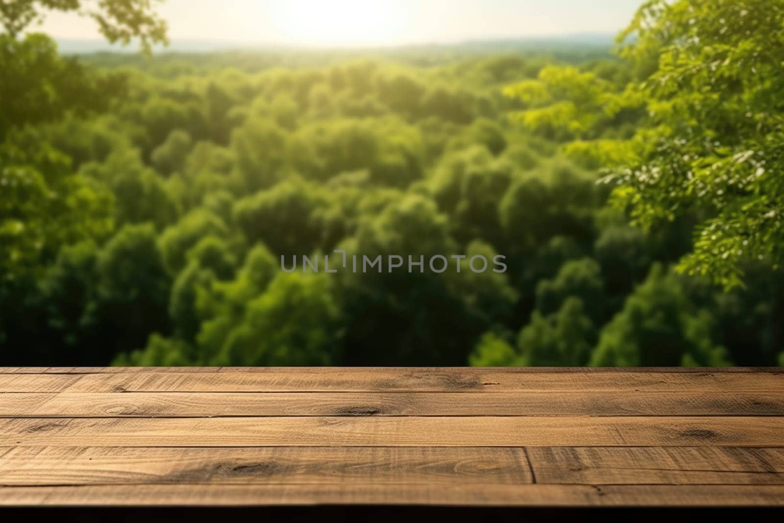 Wooden table background with landscape of forest. wooden, table, wood, forest, landscape, nature, tree, background, empty, light, sky, sun, summer, design, floor. Generative AI image weber.