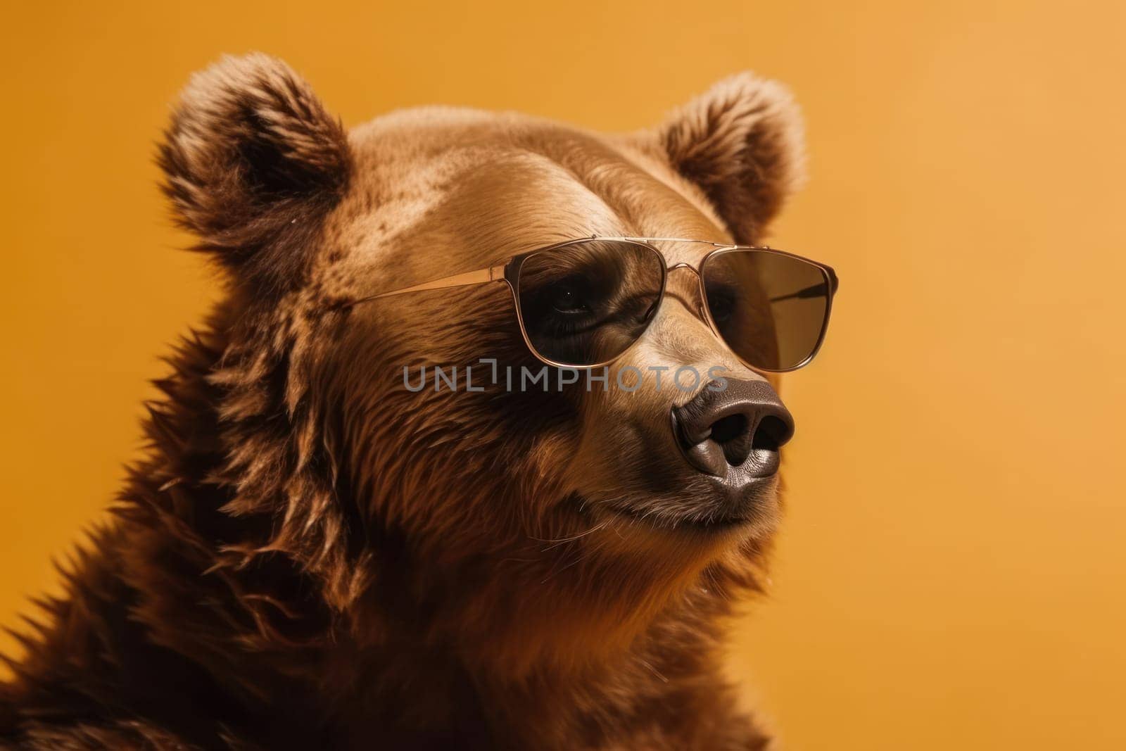 Wild bear in shades Close-up portrait of a cool and fashionable bear wearing sunglasses in the forest. Perfect for summer and outdoor-themed designs. AI Generative.