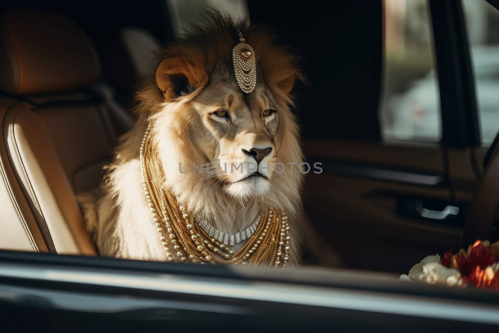 Adventurous feline the lion king perched in the seat of a car, taking in the sights and sounds of an African safari. AI Generative.