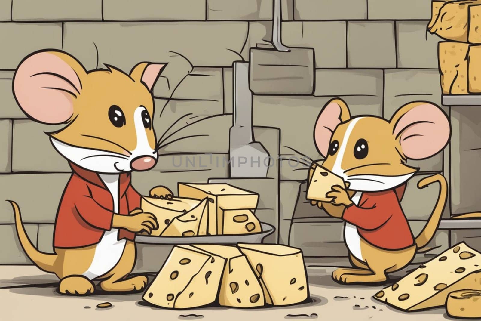 mice eating cheese in a party comic illustration allegory with blue background and flags