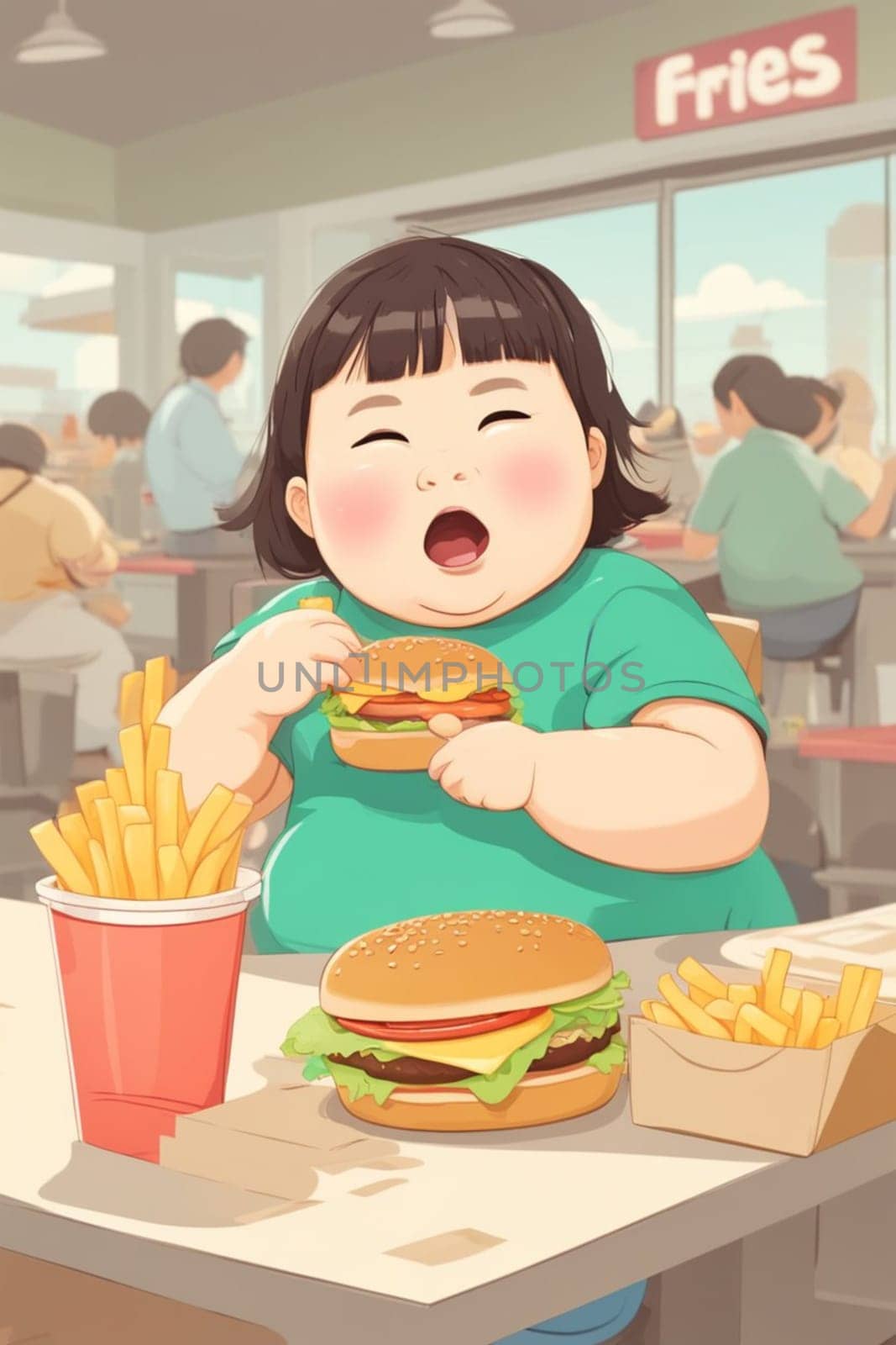 obese boy girl eating fast food , hamburger, french fries - unhealthy eating concept illustration by verbano