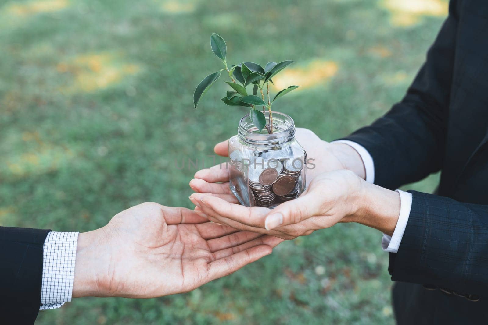 Concept of sustainable money growth investment with glass jar filled with money savings coins with businesspeople as eco-friendly financial investment nurtured with nature and healthy retirement. Gyre