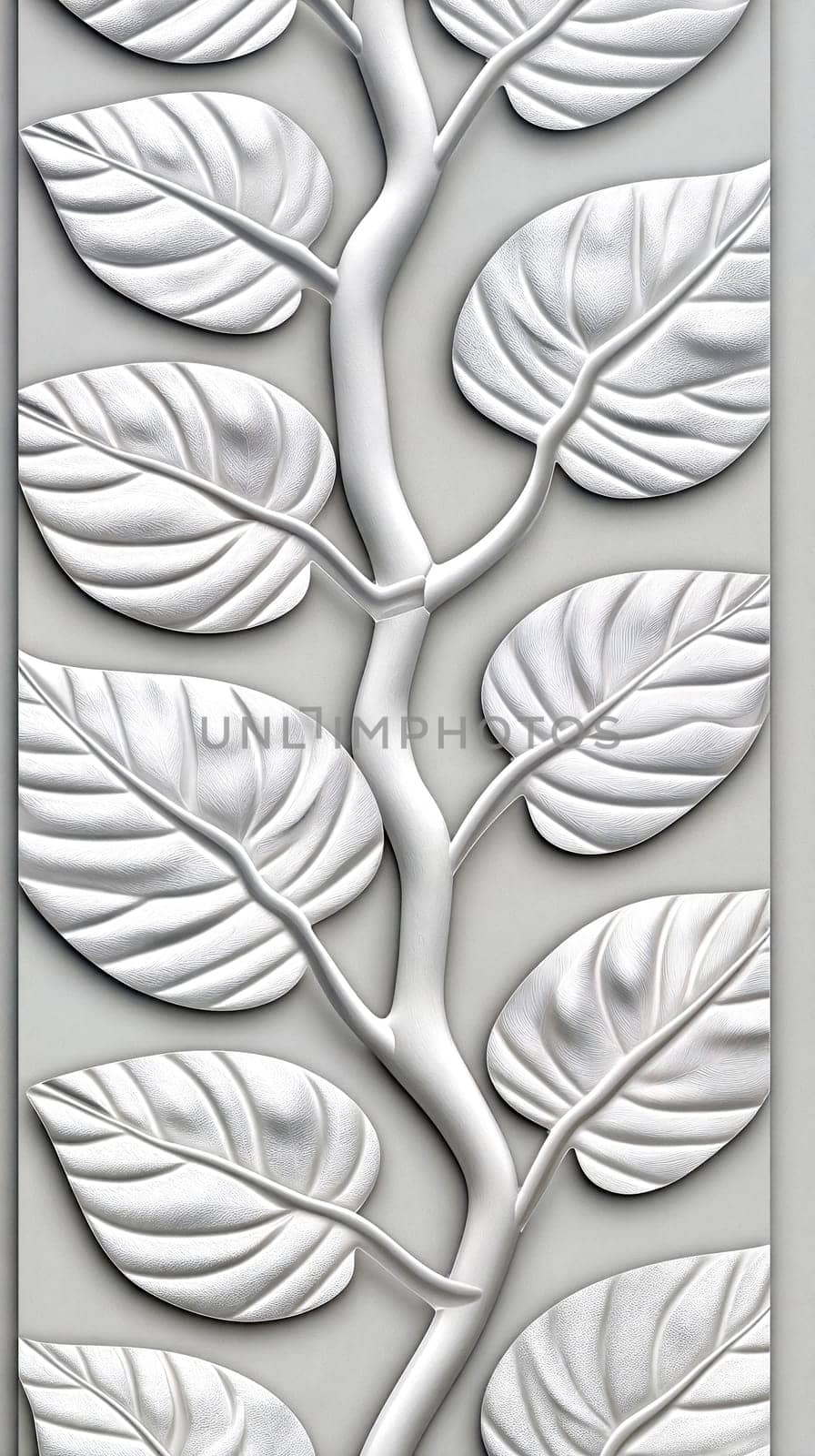 A series of intricate white leaves are arranged on a textured background, creating a nature-inspired design. The leaves exhibit detailed patterns and textures, enhancing visual appeal - Generative AI