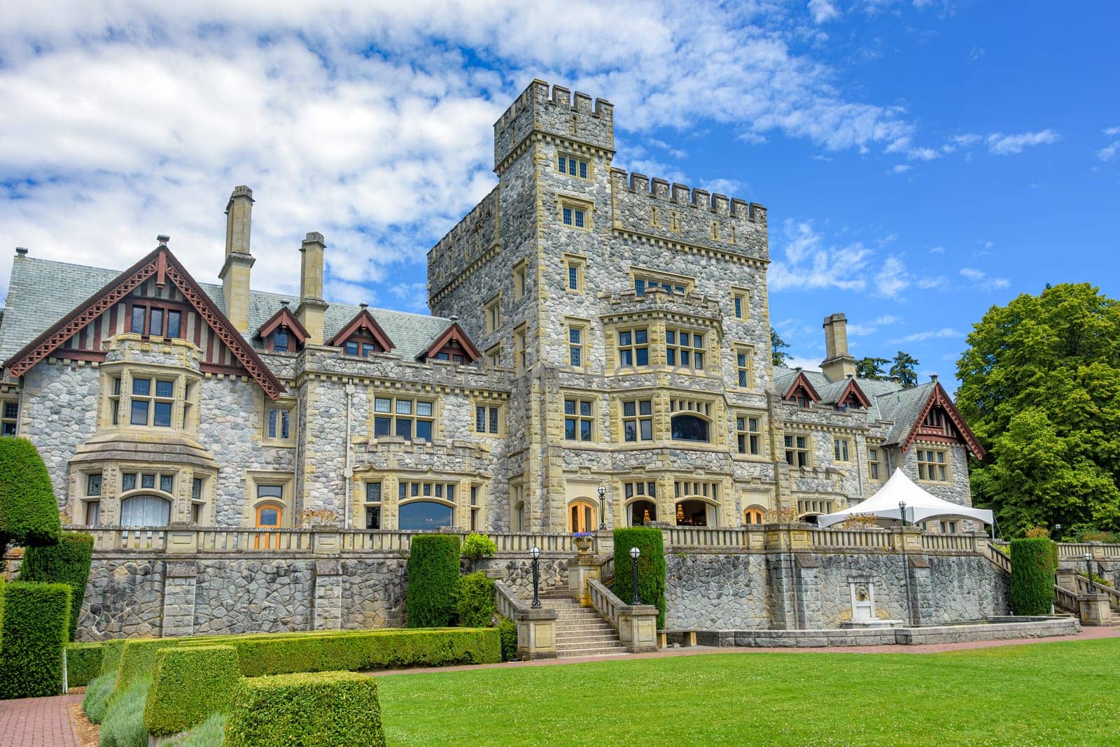 Old historic castle on Vancouver island on blue sky background.