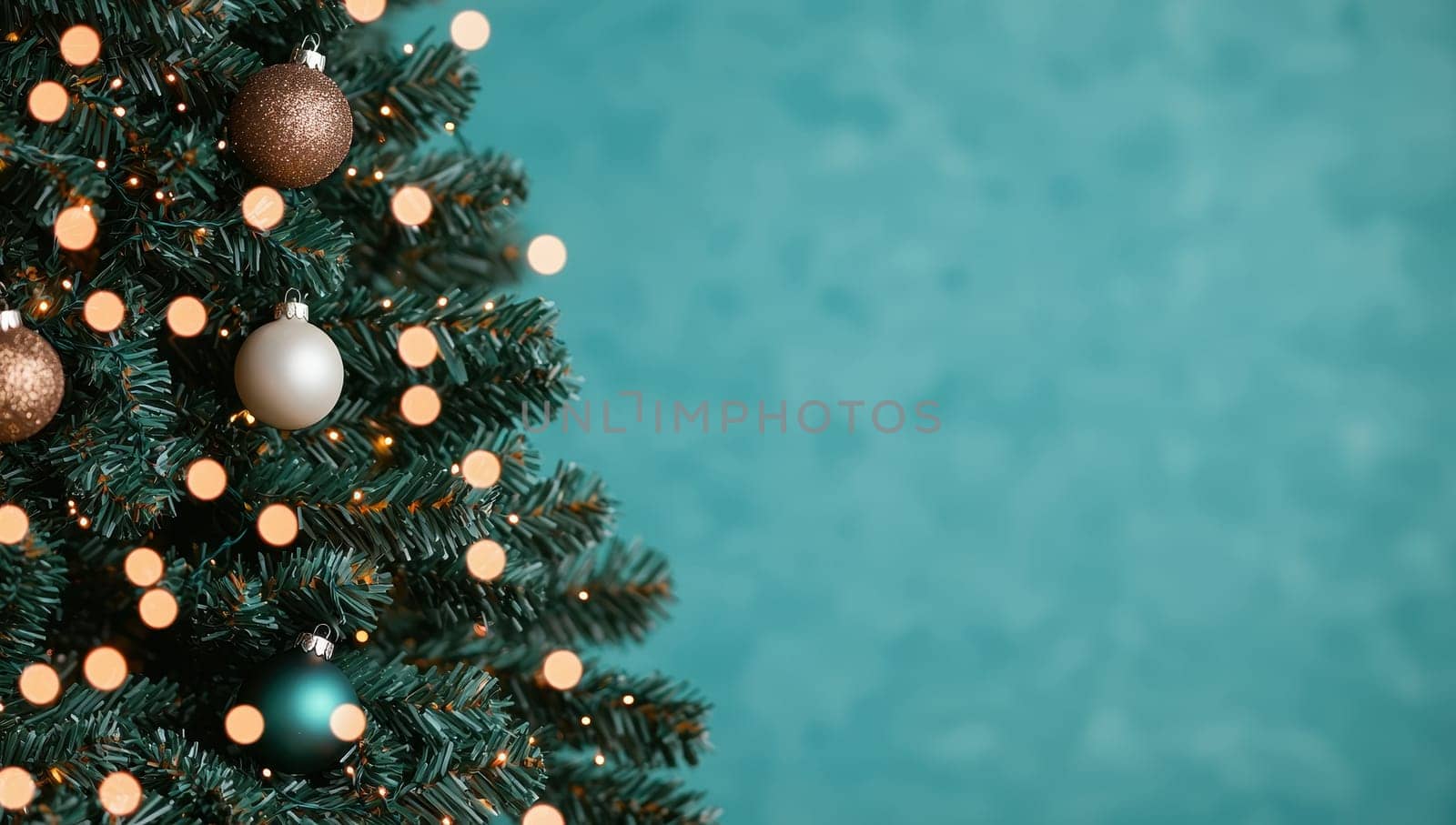 Decorated Christmas Tree on Teal Background, Festive Holiday Backdrop