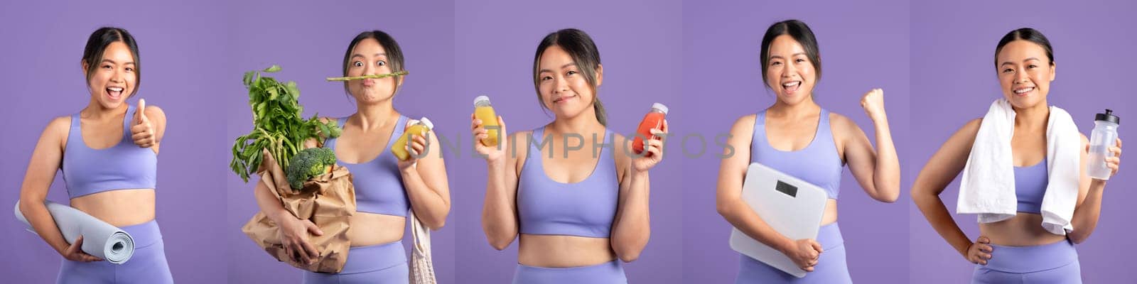 Asian lady engages in a series of healthy lifestyle activities, including holding fitness gear, fresh produce, and nutritious drinks, promoting wellness and fitness choices.