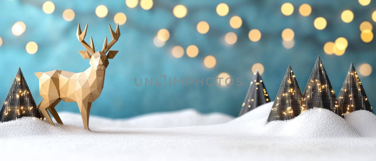 geometric deer stands amidst snowy trees, creating festive atmosphere.