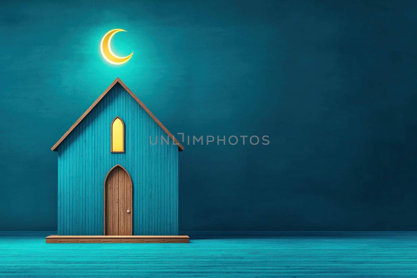 charming blue house with crescent moon above, creating serene atmosphere.