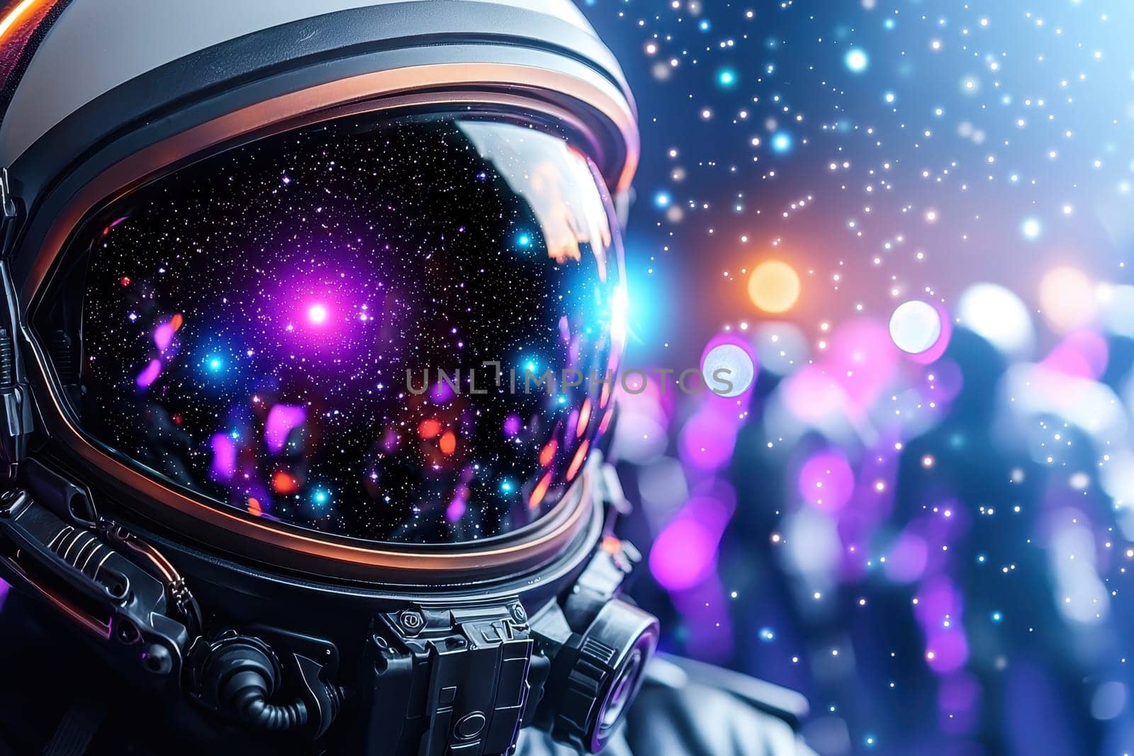 stunning close up of space helmet reflecting vibrant cosmic scene.