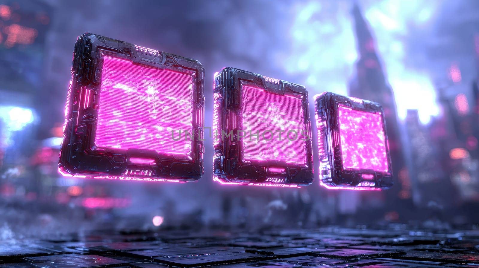 Futuristic glowing panels in neon lit environment create vibrant atmosphere.