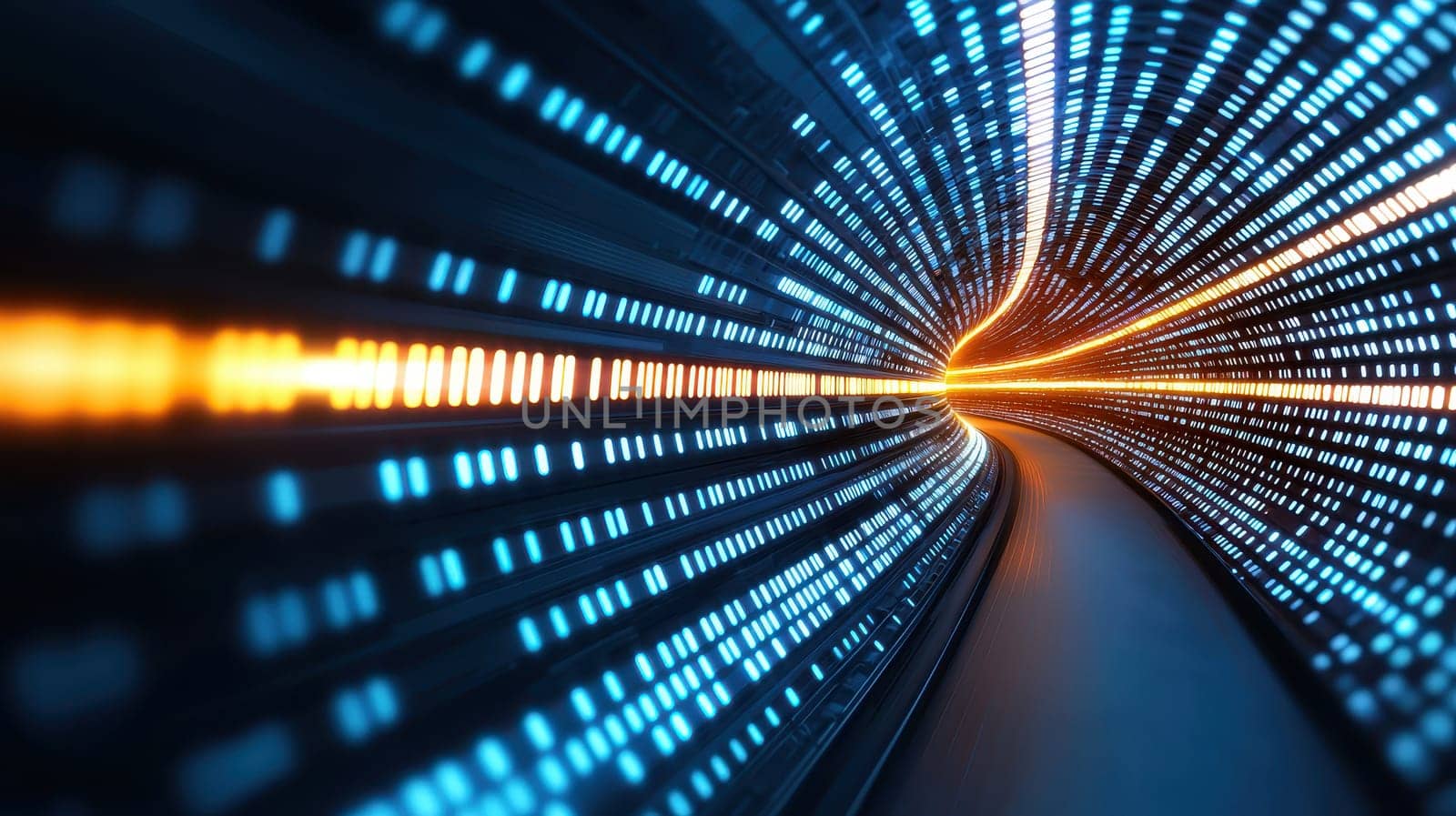 Dynamic abstract tunnel showcasing digital future with vibrant lights.