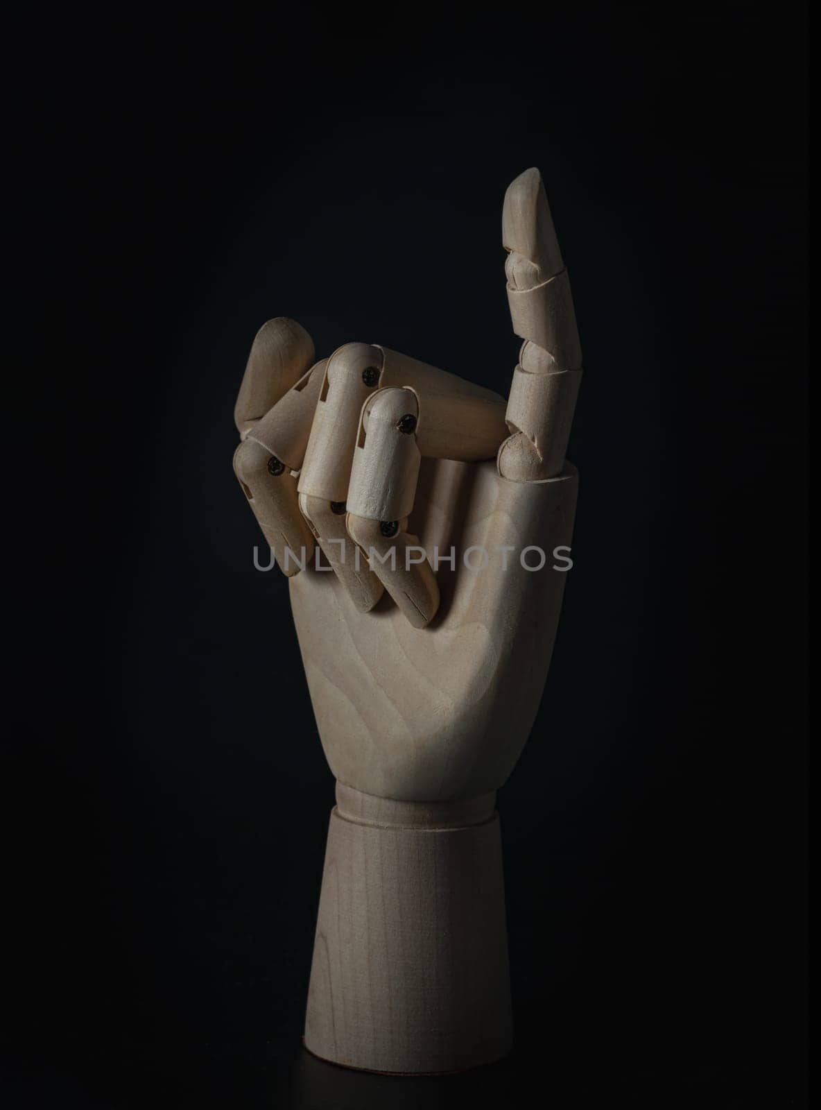 Wooden hand of mannequins showing little finger up sign on dark background. Making promise gesture concept, Wooden hand puppet, Showing, Symbol, Banner design, Gesture and sign, Space for text, Selective focus.