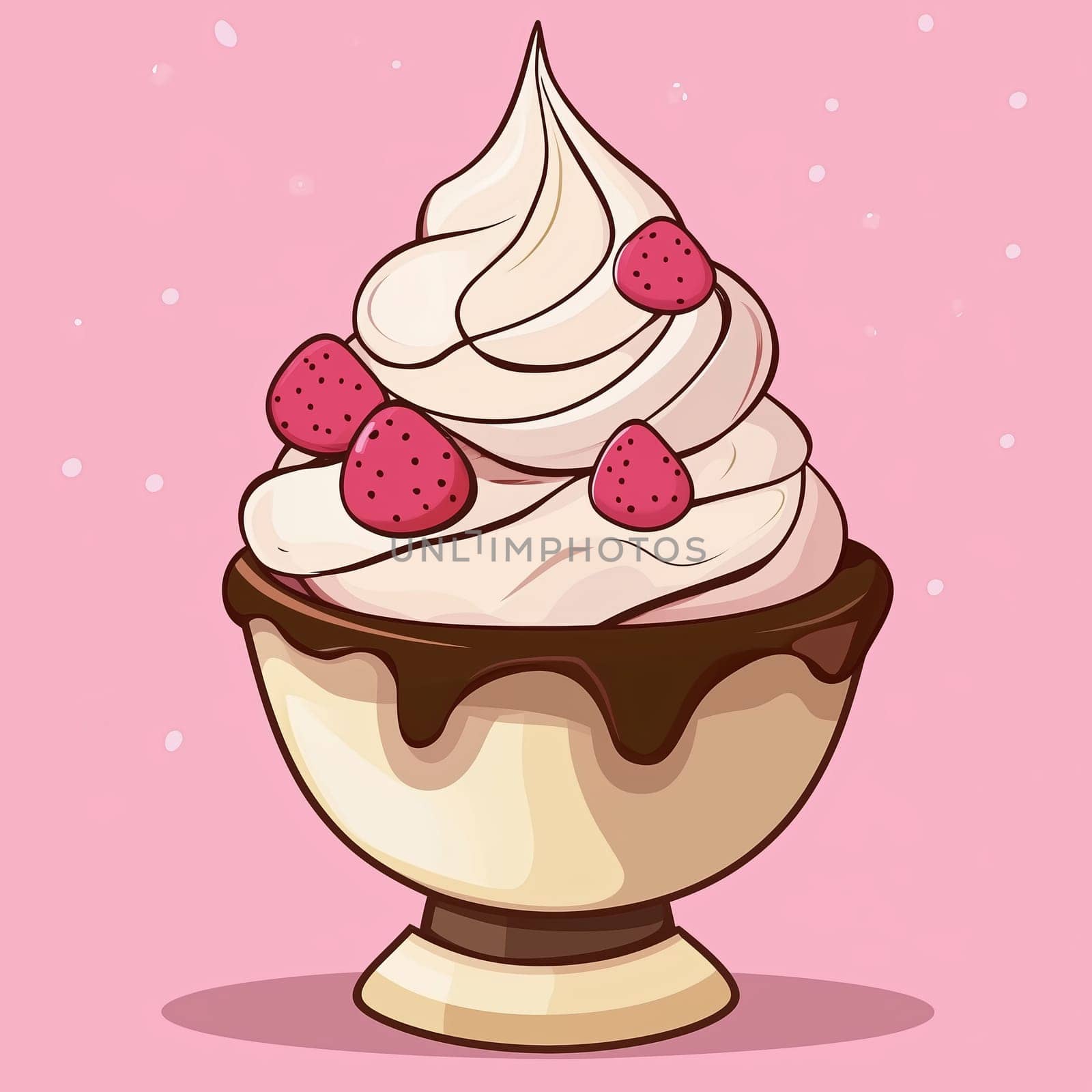 A delicious bowl of swirled soft serve ice cream is adorned with fresh strawberries, set against a cheerful pink backdrop, creating a vibrant dessert display.