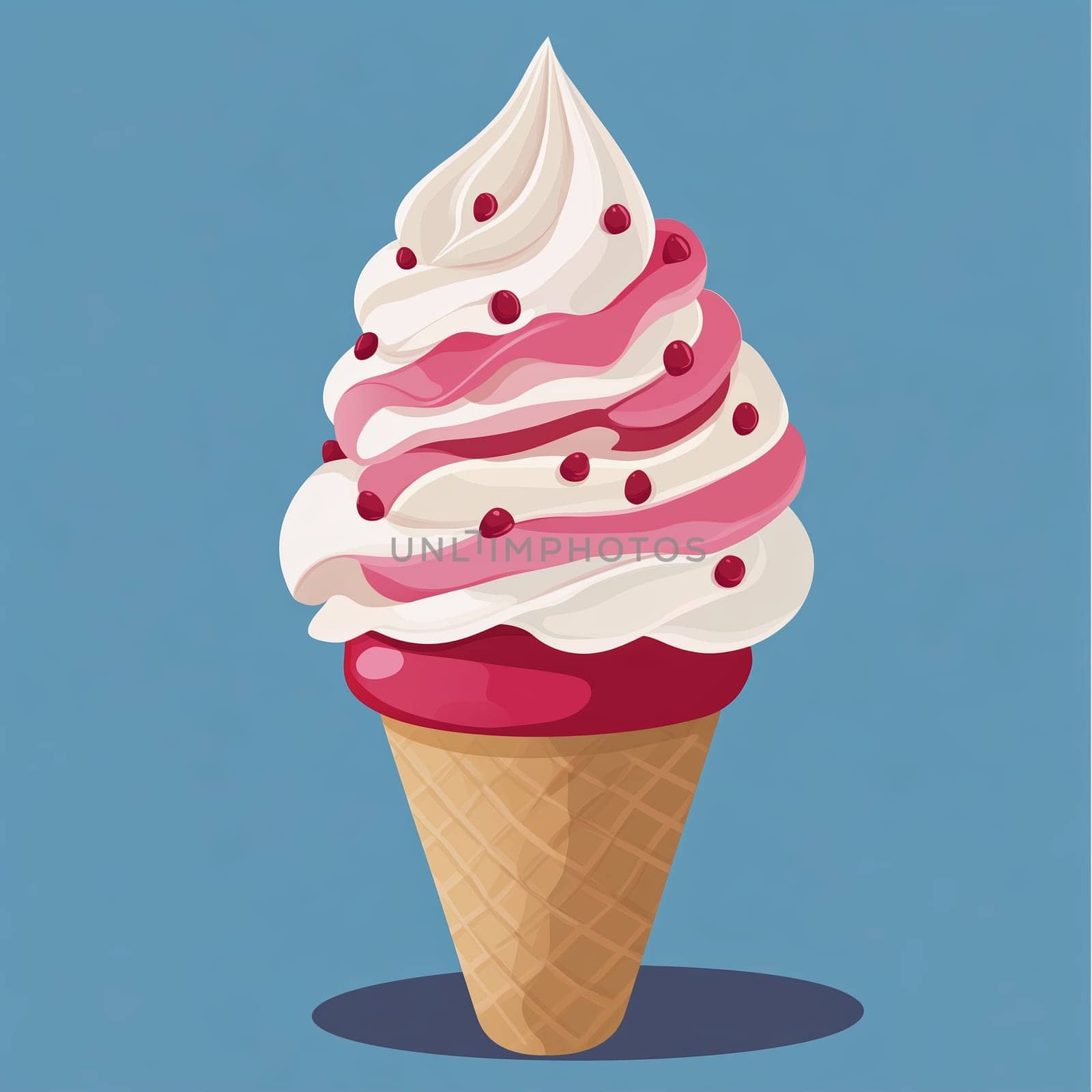 A colorful ice cream cone topped with soft-serve cream and sprinkled with red dots stands against a vibrant blue background, inviting a sweet treat.