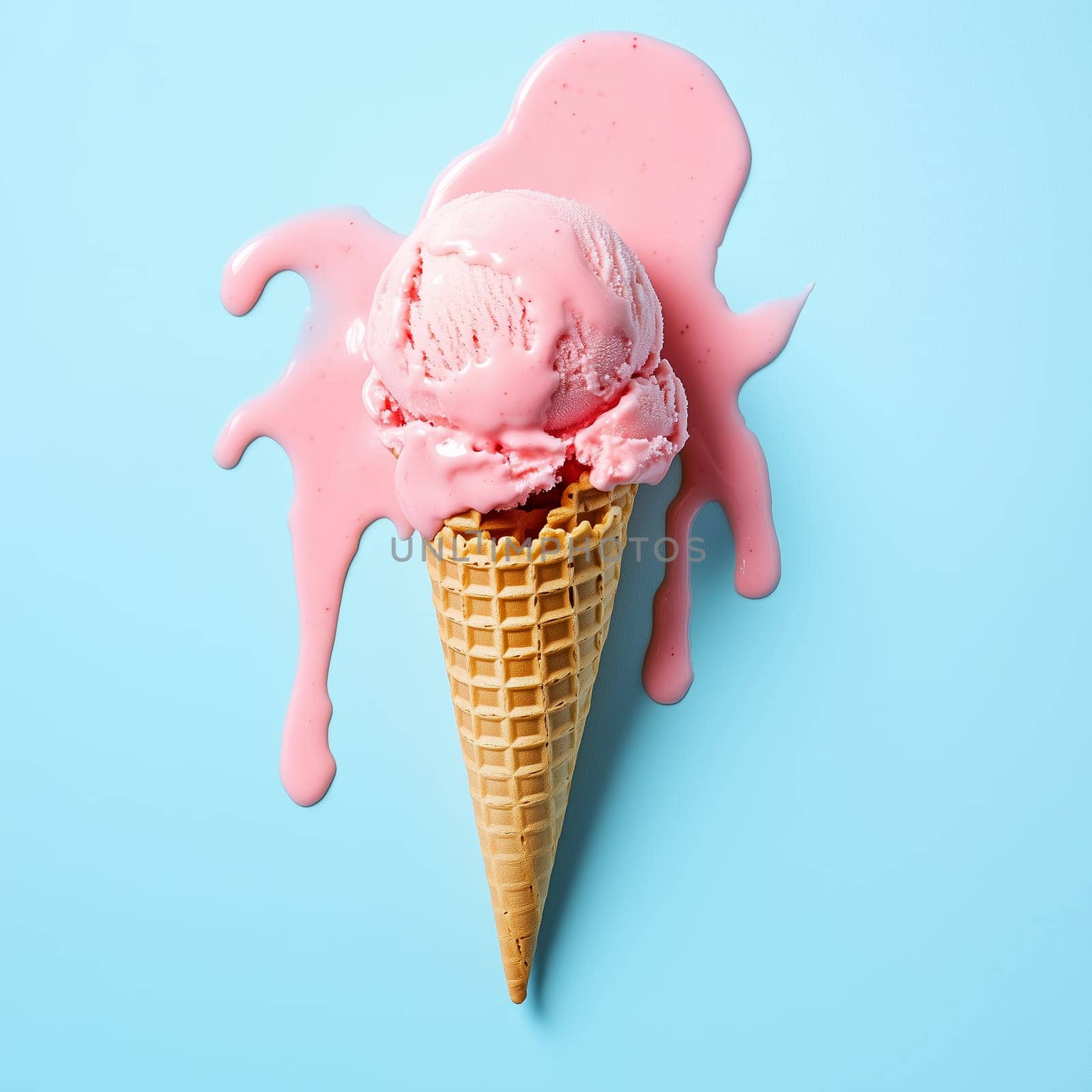 A waffle cone topped with a scoop of pink ice cream is melting, creating a vibrant visual. The background enhances the dessert's appeal.