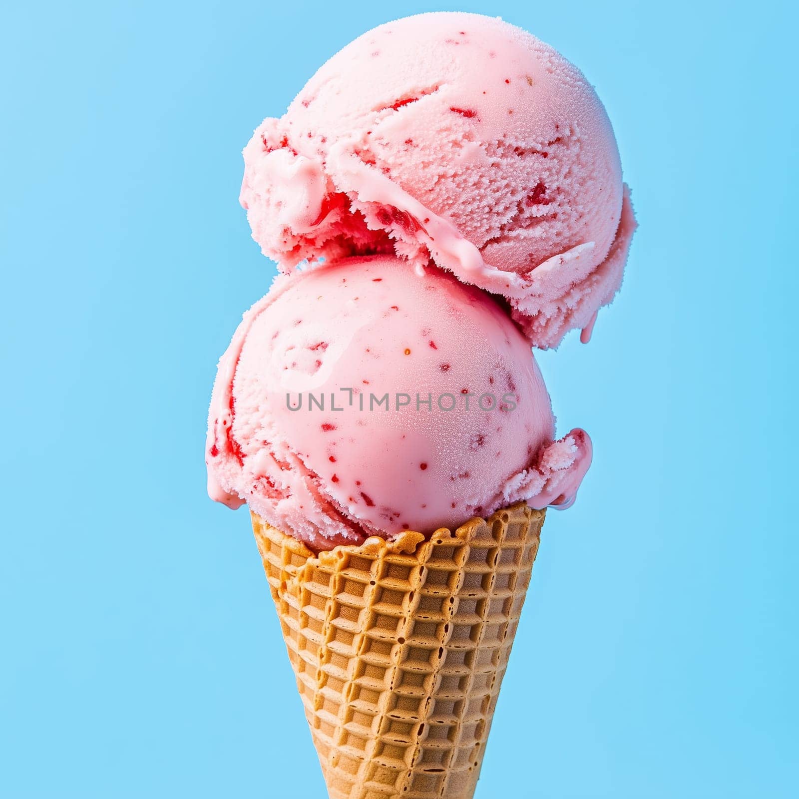 Indulge in a delightful treat of two scoops of strawberry ice cream atop a crispy waffle cone, set against a bright blue backdrop, perfect for summer enjoyment.