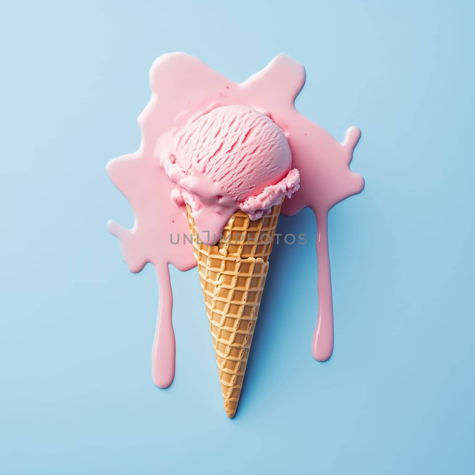A freshly served ice cream cone with a scoop of pink ice cream is melting, creating a colorful puddle on a soft blue surface, perfect for summer enjoyment.