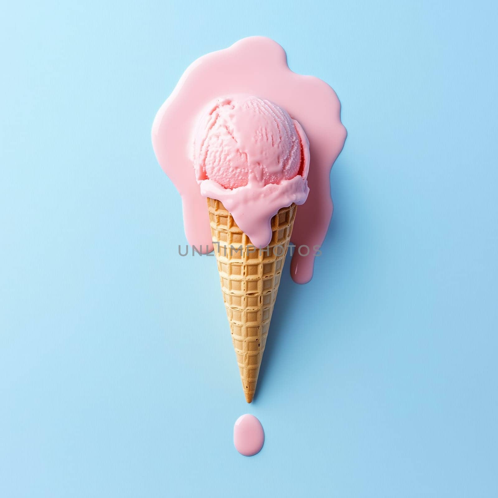 A vibrant pink ice cream scoop sits on a waffle cone, slowly melting and dripping onto a light blue surface, creating a playful and colorful display.