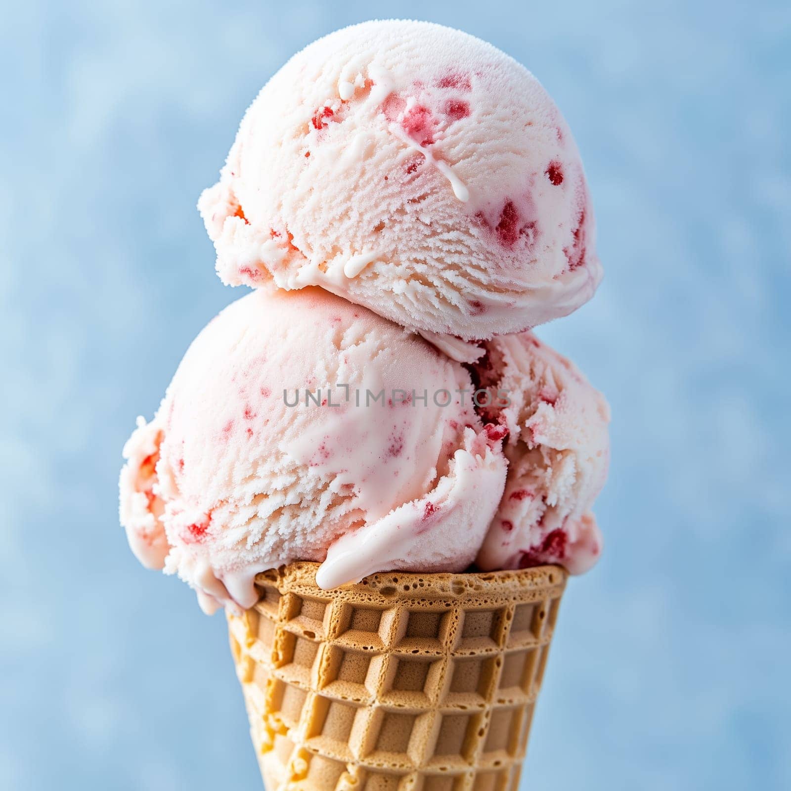 A double scoop of creamy strawberry ice cream sits atop a crispy waffle cone, providing a refreshing treat against a vibrant blue backdrop.