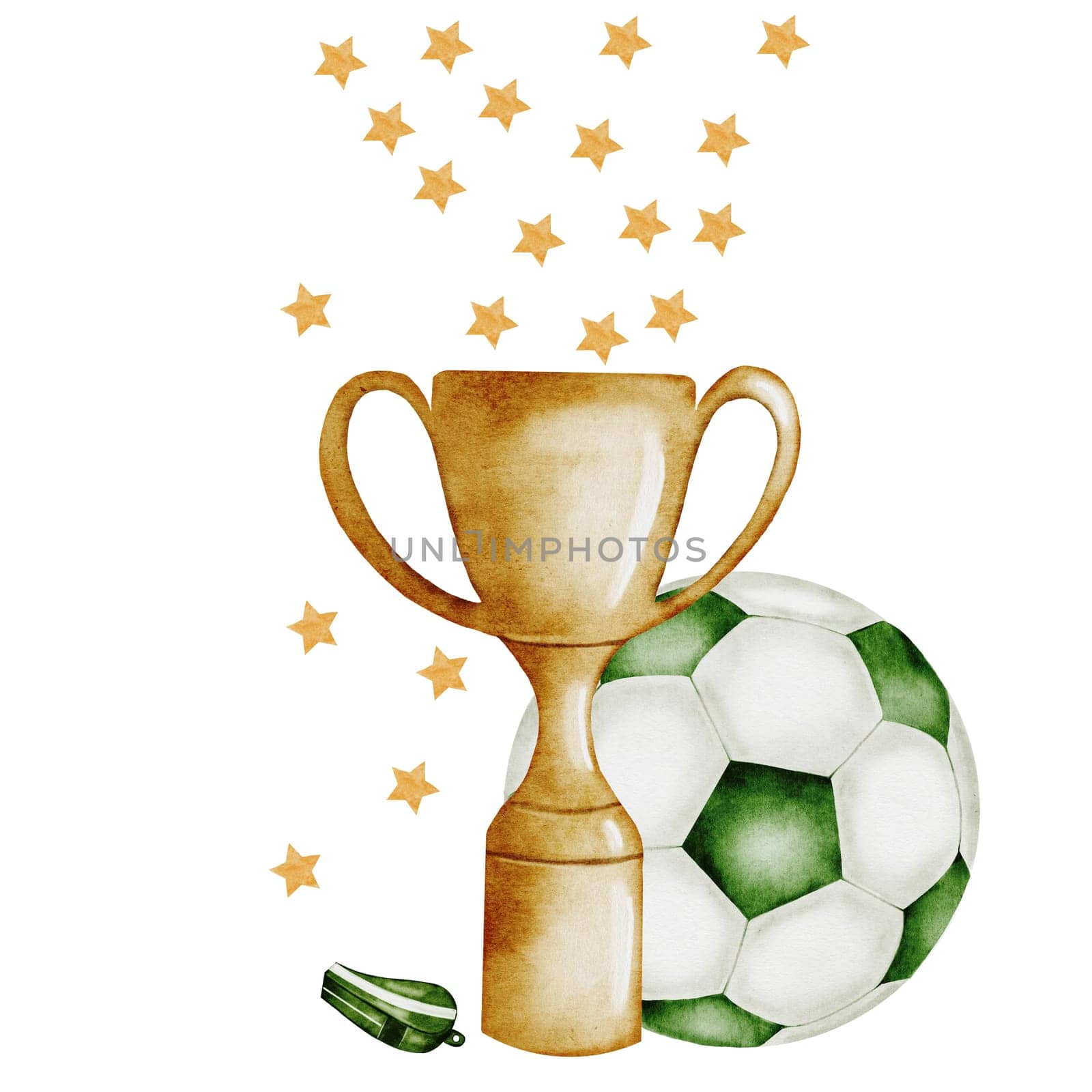 Football Watercolor. Hand drawn composition of a trophy cup, soccer ball, whistle and stars . Clip art of championship equipment on isolated white background. Ideal for posters, flyers and game posters. High quality illustration