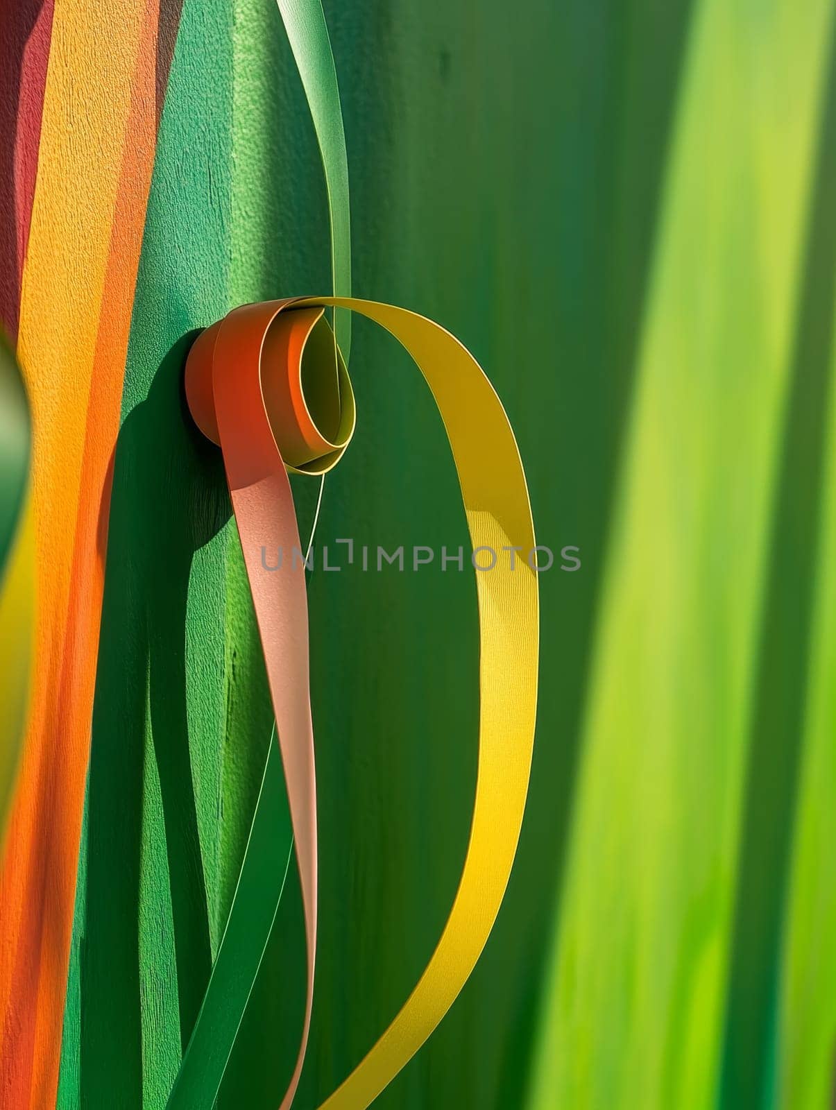 Abstract composition of vibrant curved paper strips in green, yellow, and orange hues against a textured background, showcasing depth and shadow.