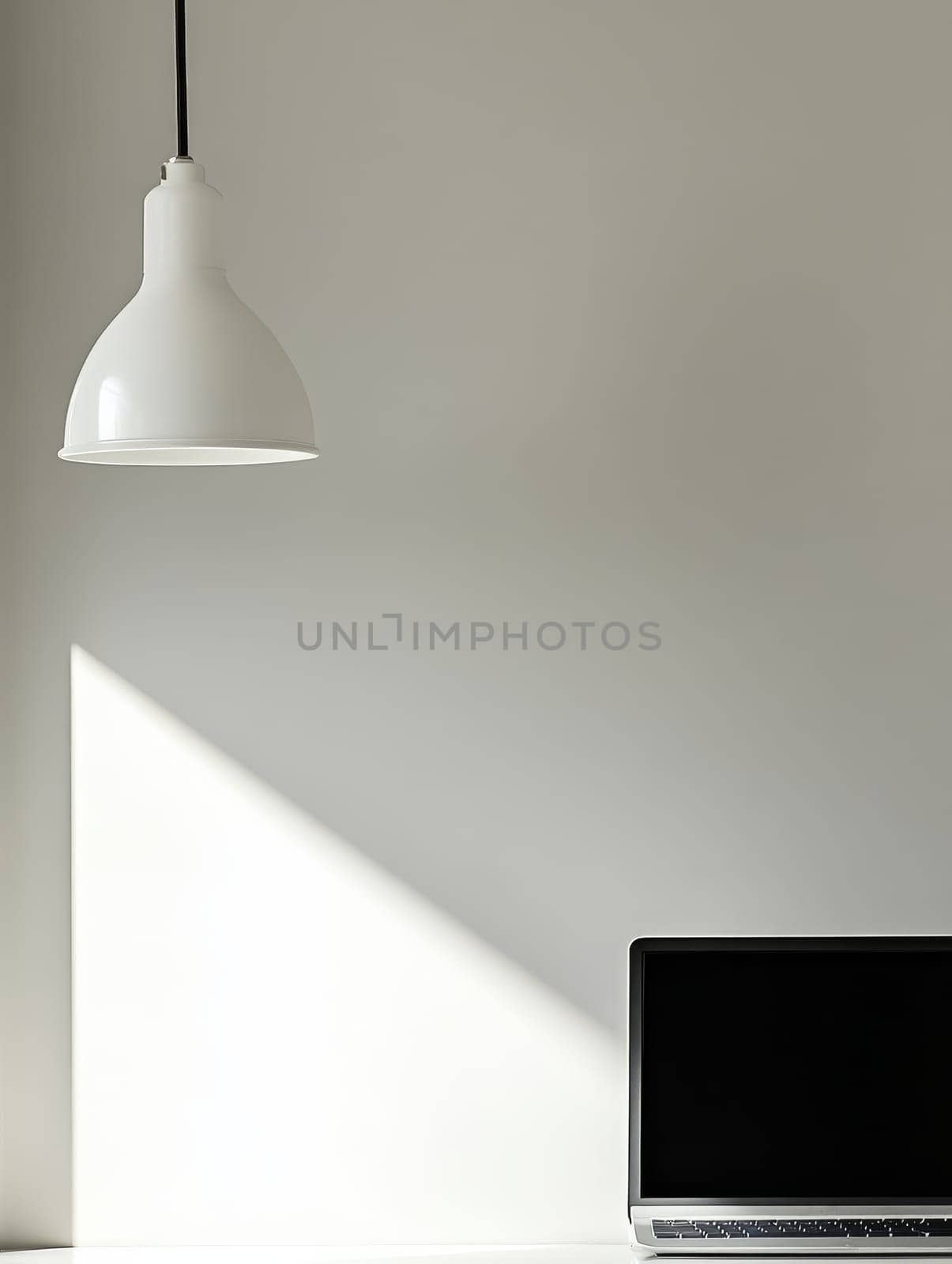 Clean, minimalist workspace featuring a laptop and white pendant lamp, with dramatic shadow play on a blank wall, perfect for copy space.