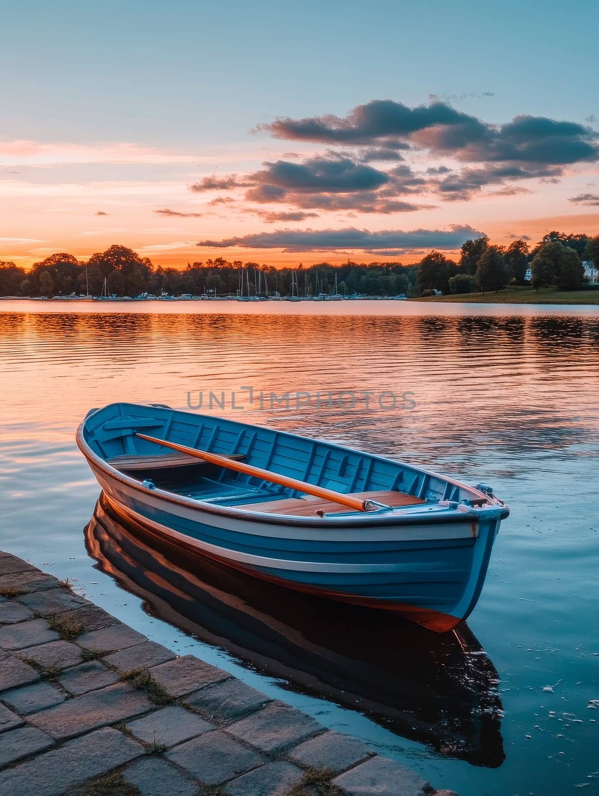 A serene lake at sunset with a blue rowboat in the foreground, reflecting golden light on calm waters, surrounded by trees and moored boats.