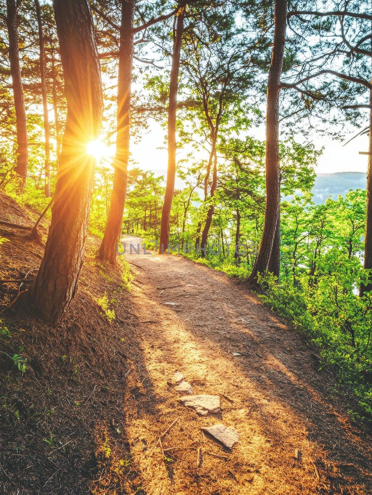 A winding dirt path through a lush green forest illuminated by warm sunbeams, creating a magical atmosphere for hiking and nature exploration.