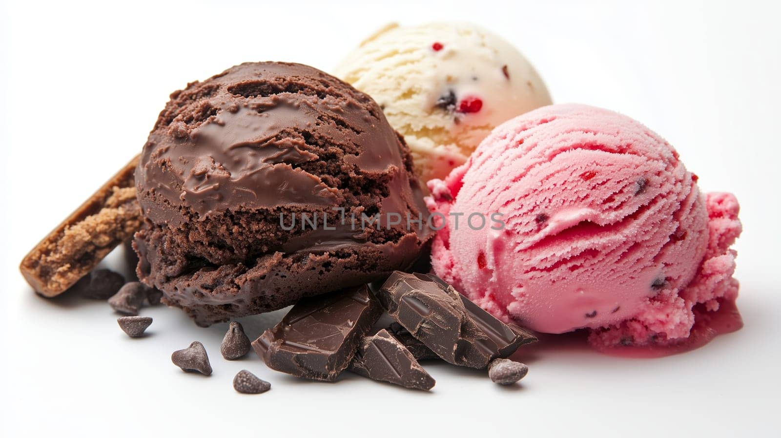 A tempting trio of chocolate, strawberry, and vanilla ice cream scoops is displayed alongside chocolate chunks and a cookie. Perfect for dessert lovers.