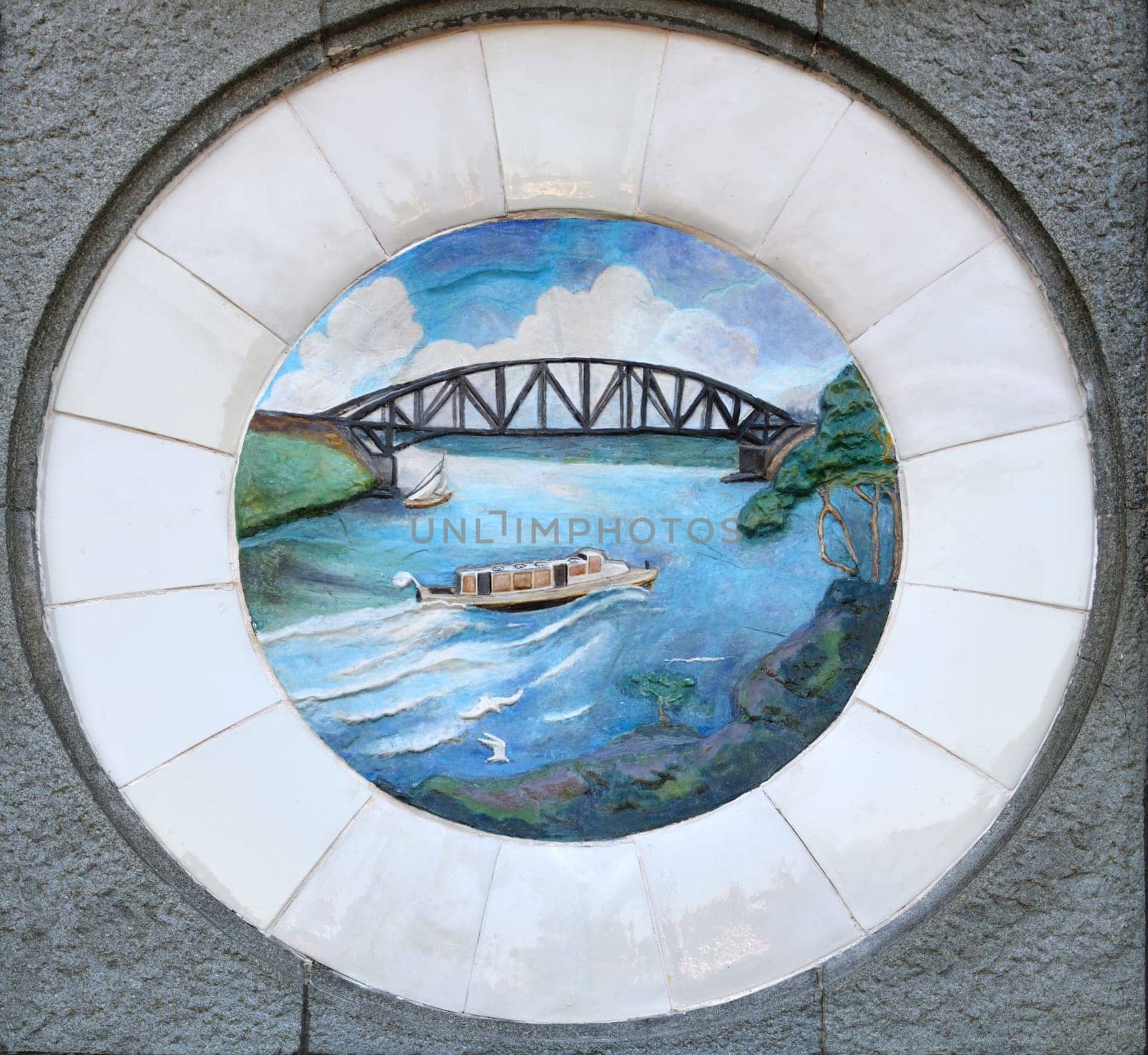 Moscow, Russia - Sept 7. 2024. Majolica medallions on the column of the Northern River Terminal. Historical landmark