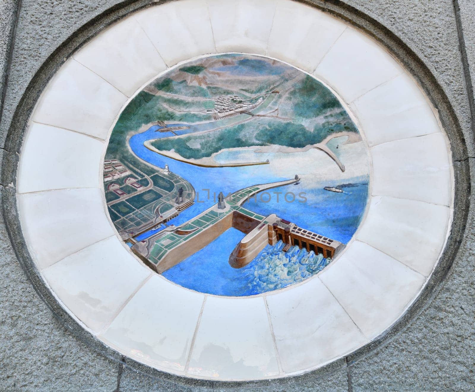 Moscow, Russia - Sept 7. 2024. Majolica medallions on the column of the Northern River Terminal. Historical landmark