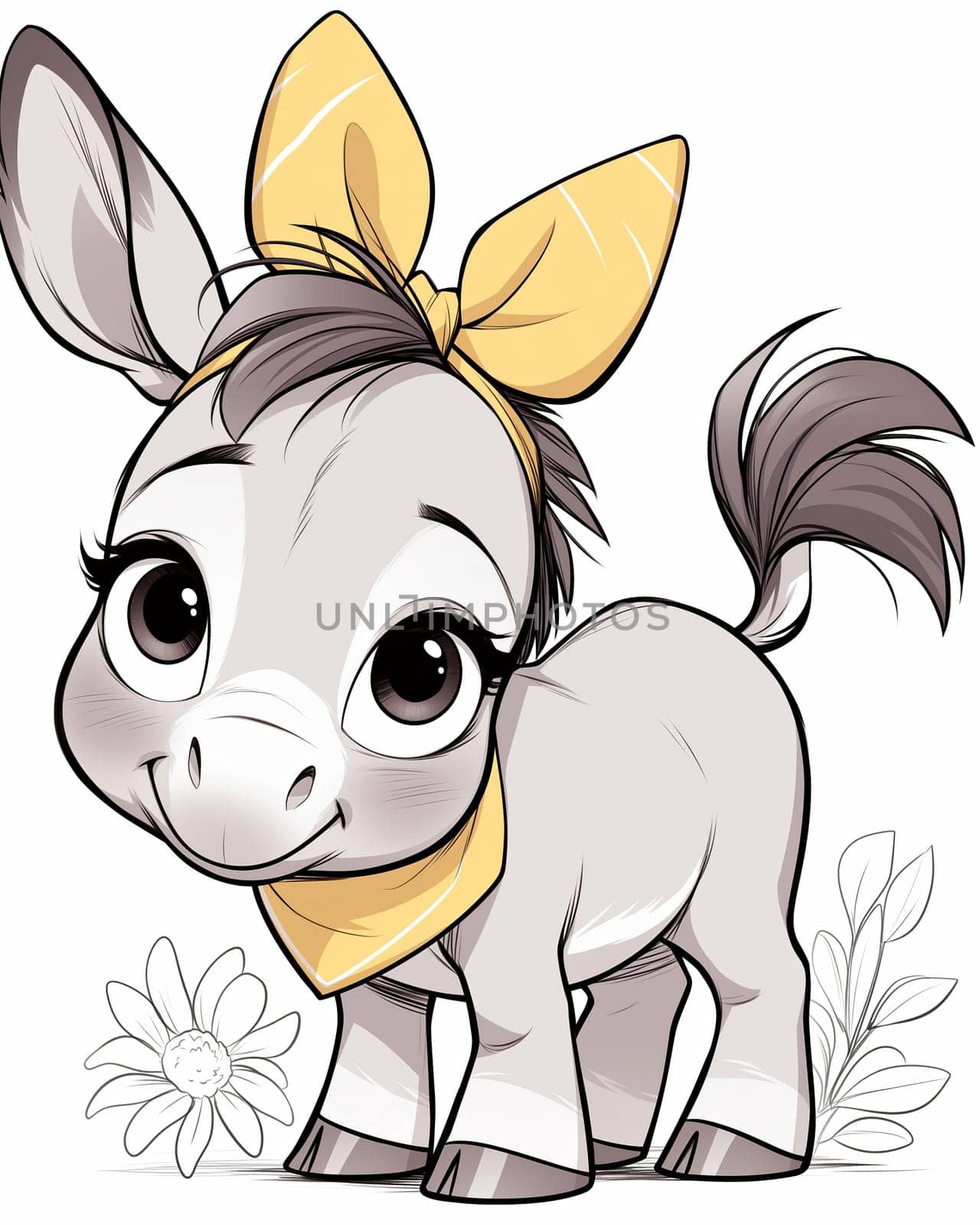 Illustration for children, cute donkey on white background. Selective focus.