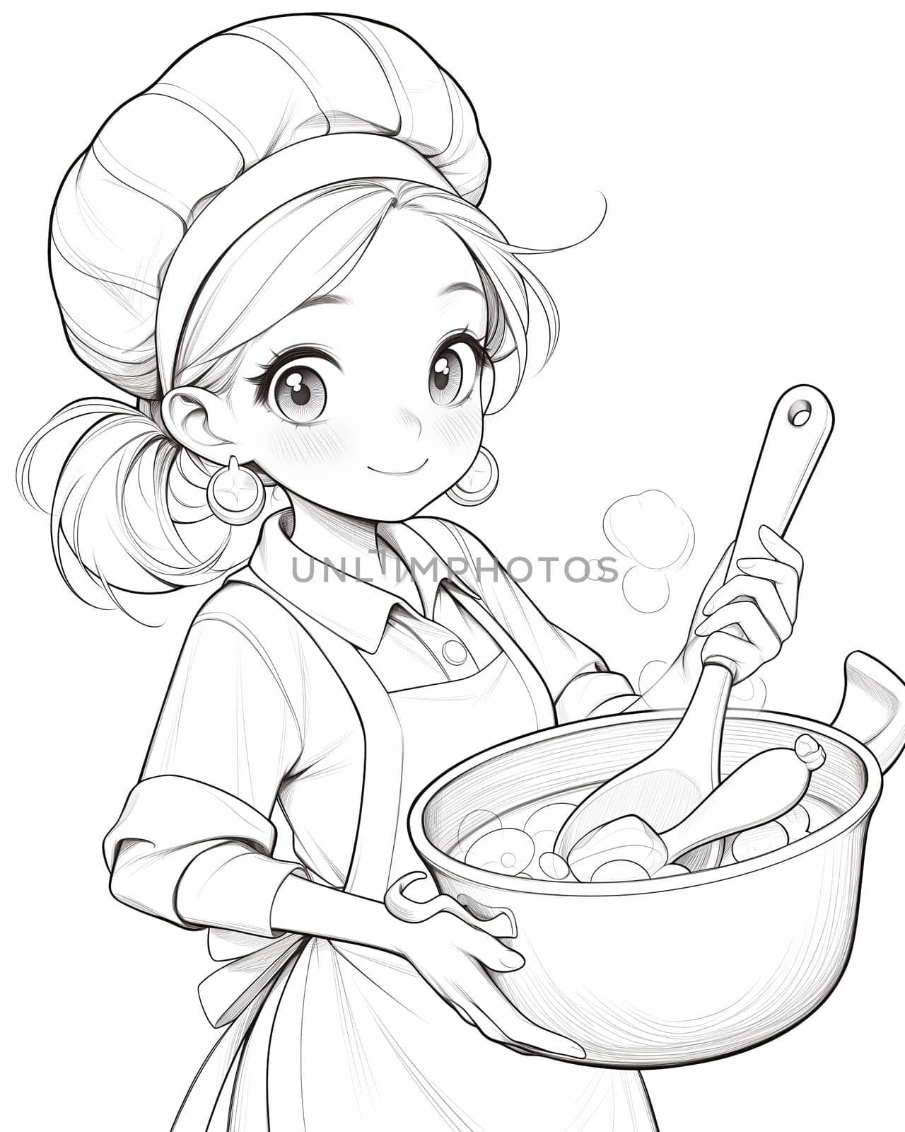 Coloring page for kids, coloring page girl cooking food