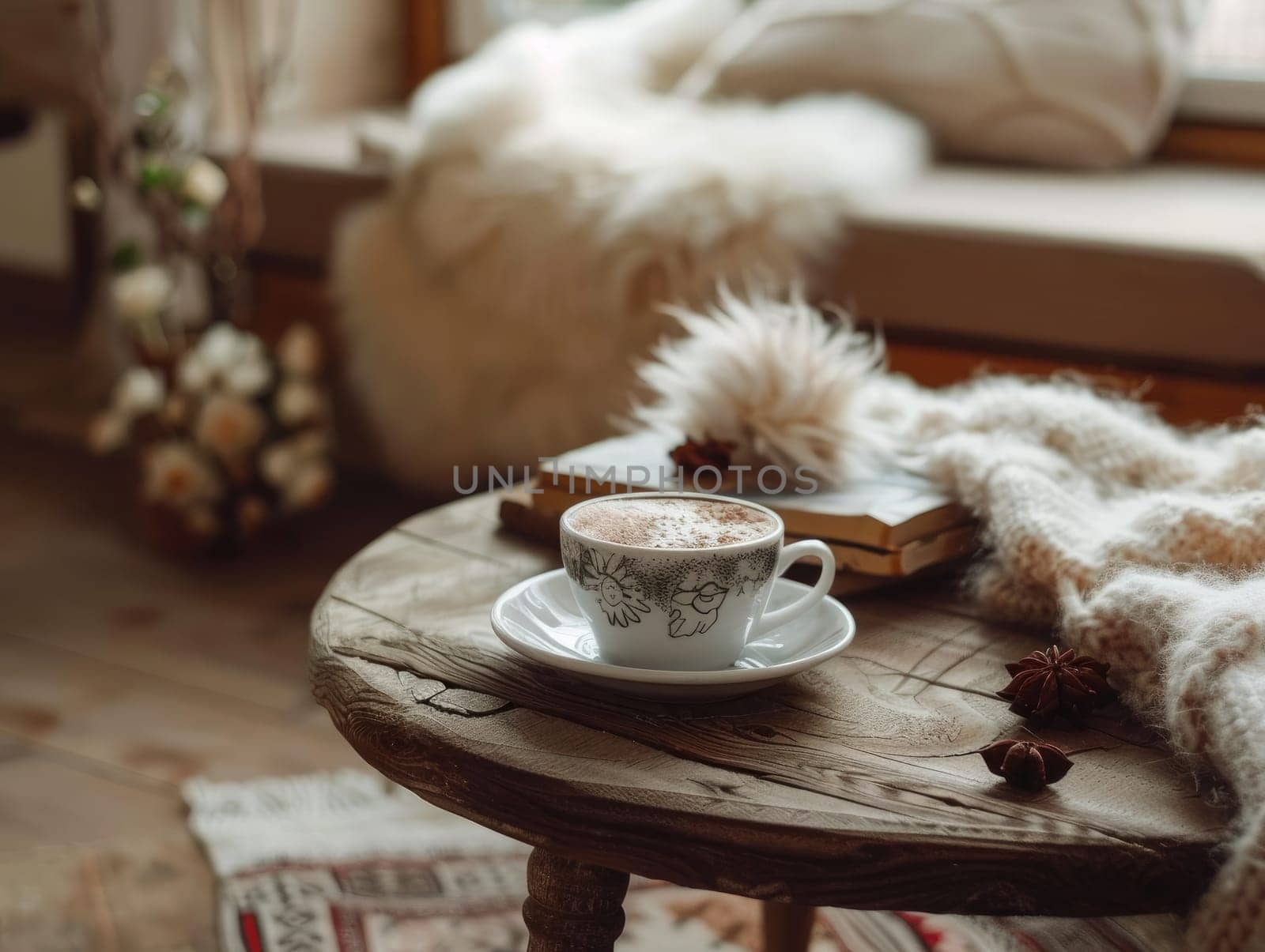 A cup of coffee sits gracefully on a rustic wooden table, accompanied by books and a soft blanket, creating a serene and inviting atmosphere.