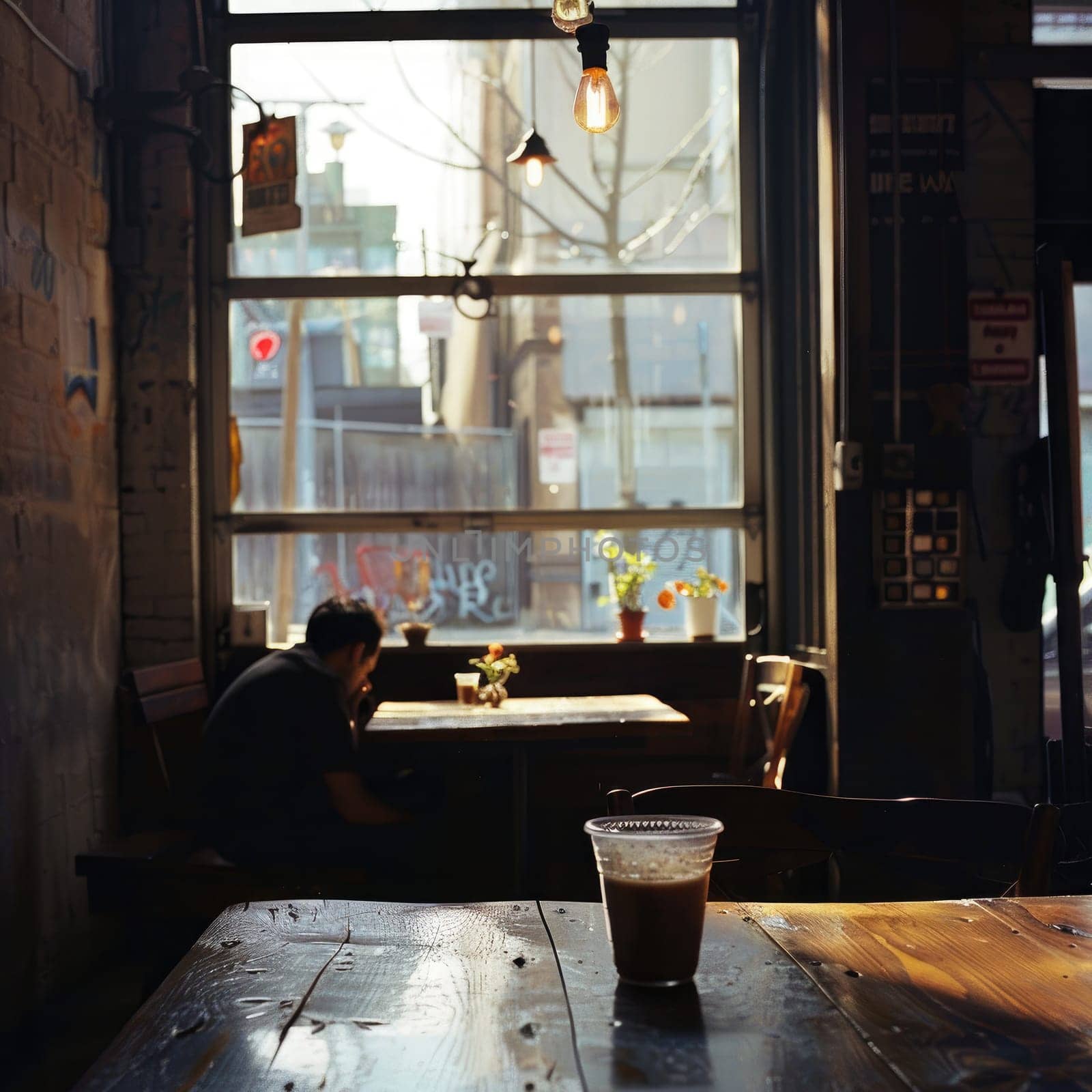 A person sits at a wooden table in a cafe, sipping coffee and immersed in thought, with sunlight filtering through large windows, creating a warm atmosphere.